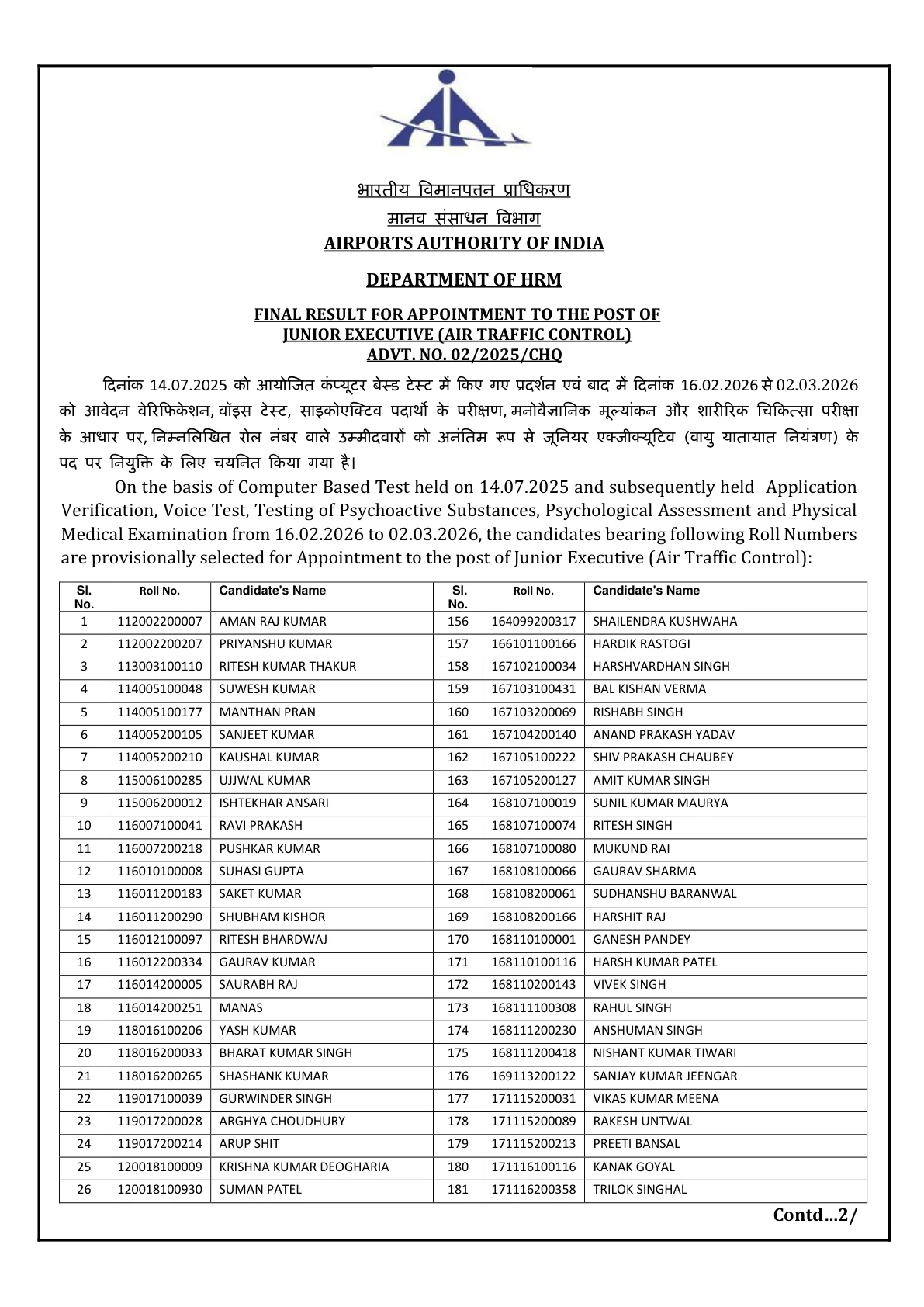 Official Scorecard Link for AAI Junior Executive Final Result 2026 OUT (Direct Link) - Download Scorecard @ aai.aero