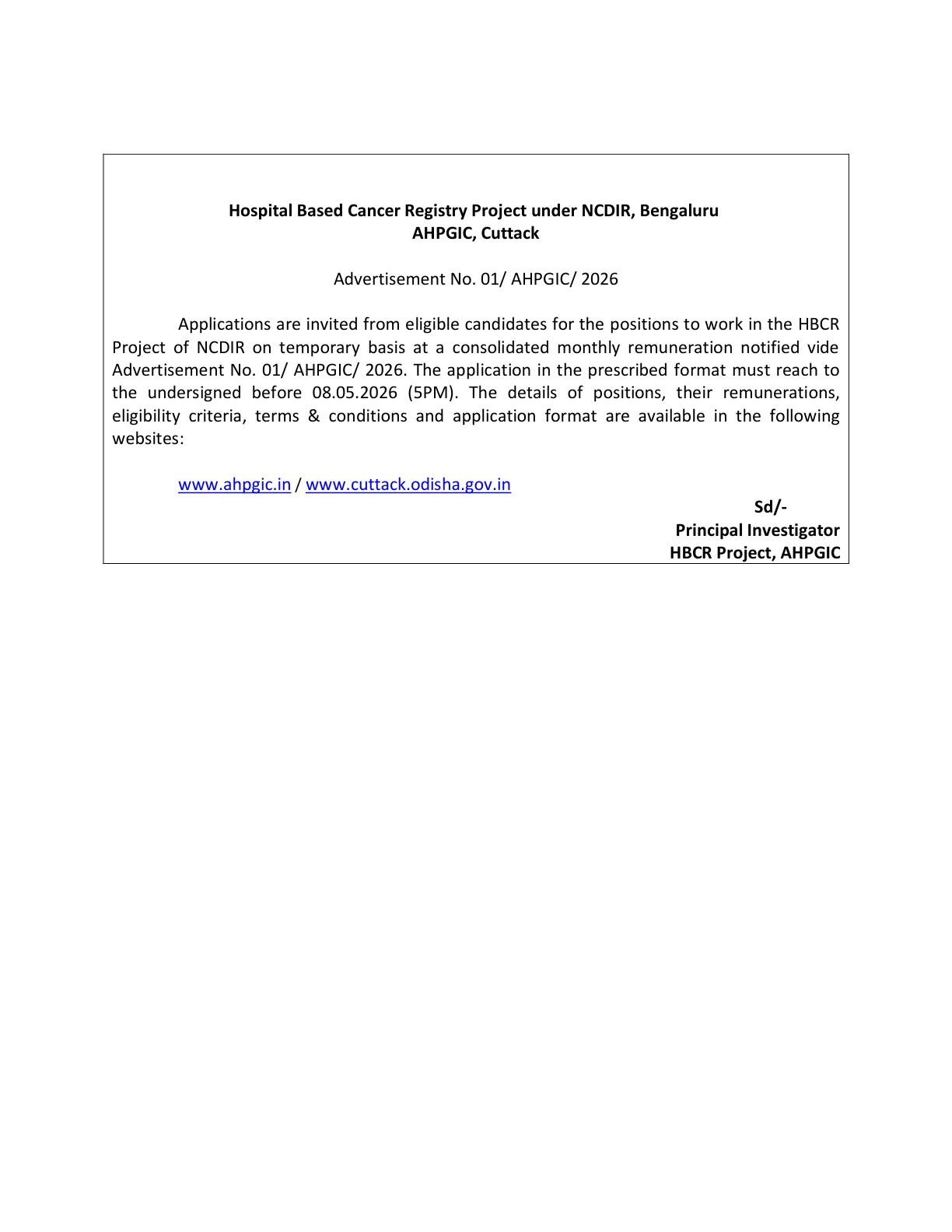 Official Recruitment Notification for AHPGIC Cuttack Recruitment 2026 for 8 HBCR Project Posts: Offline Form, Eligibility, Salary and Last Date