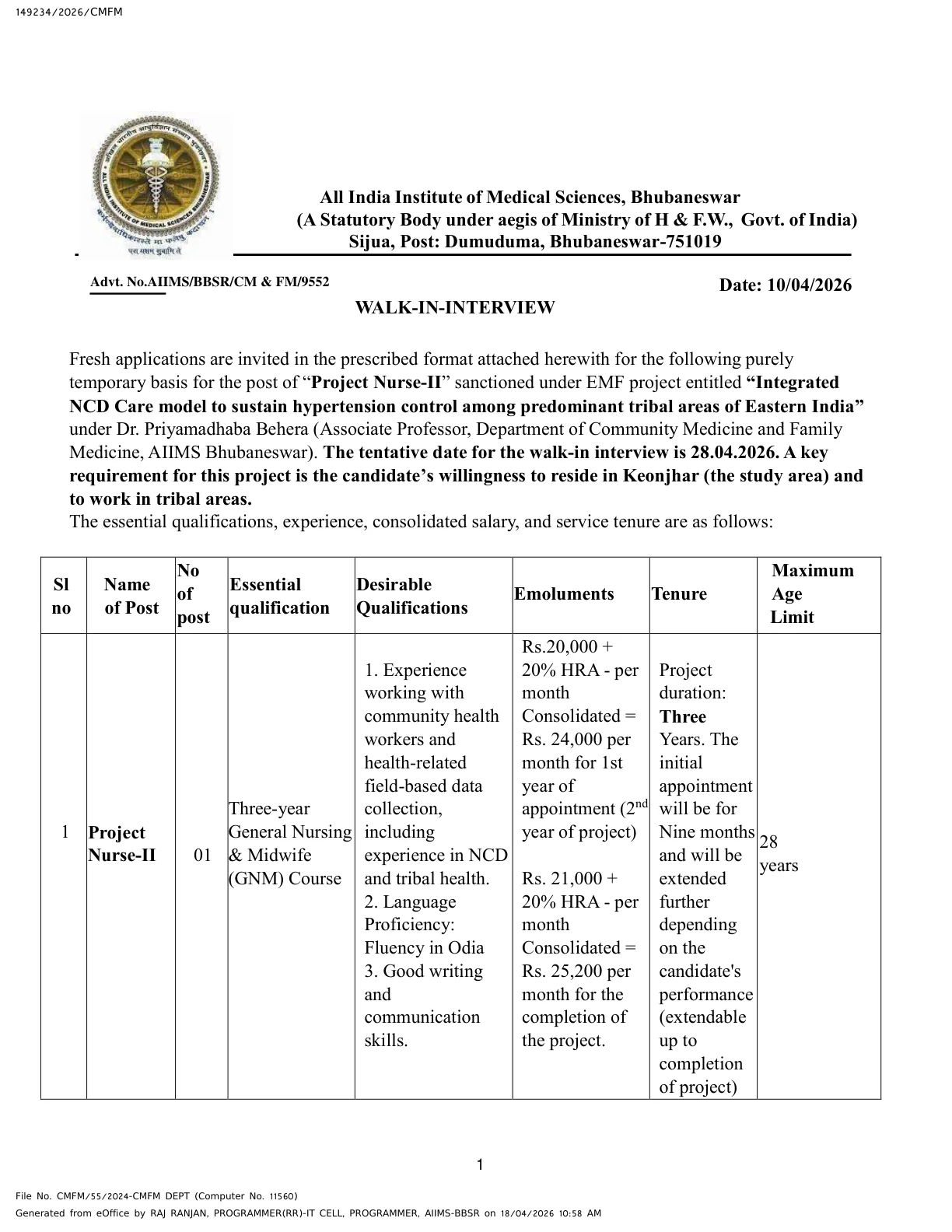 Official Recruitment Notification for AIIMS Bhubaneswar Project Nurse II Recruitment 2026: Walk-in for 1 Post on 28 April, Check GNM Eligibility, Salary and Venue