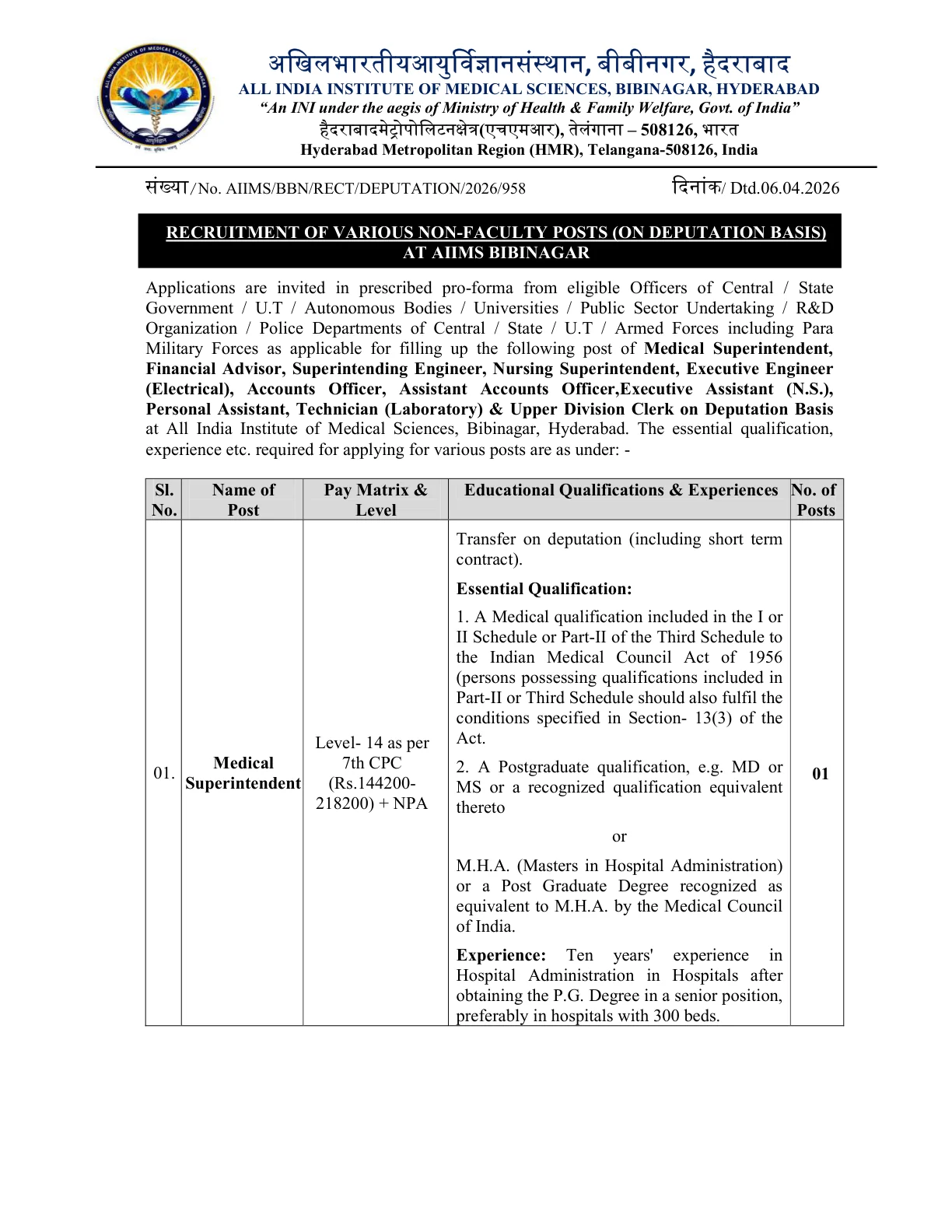 Official Recruitment Notification for AIIMS Bibinagar Recruitment 2026 - Apply Offline for 19 Technicians, UDC and More Posts
