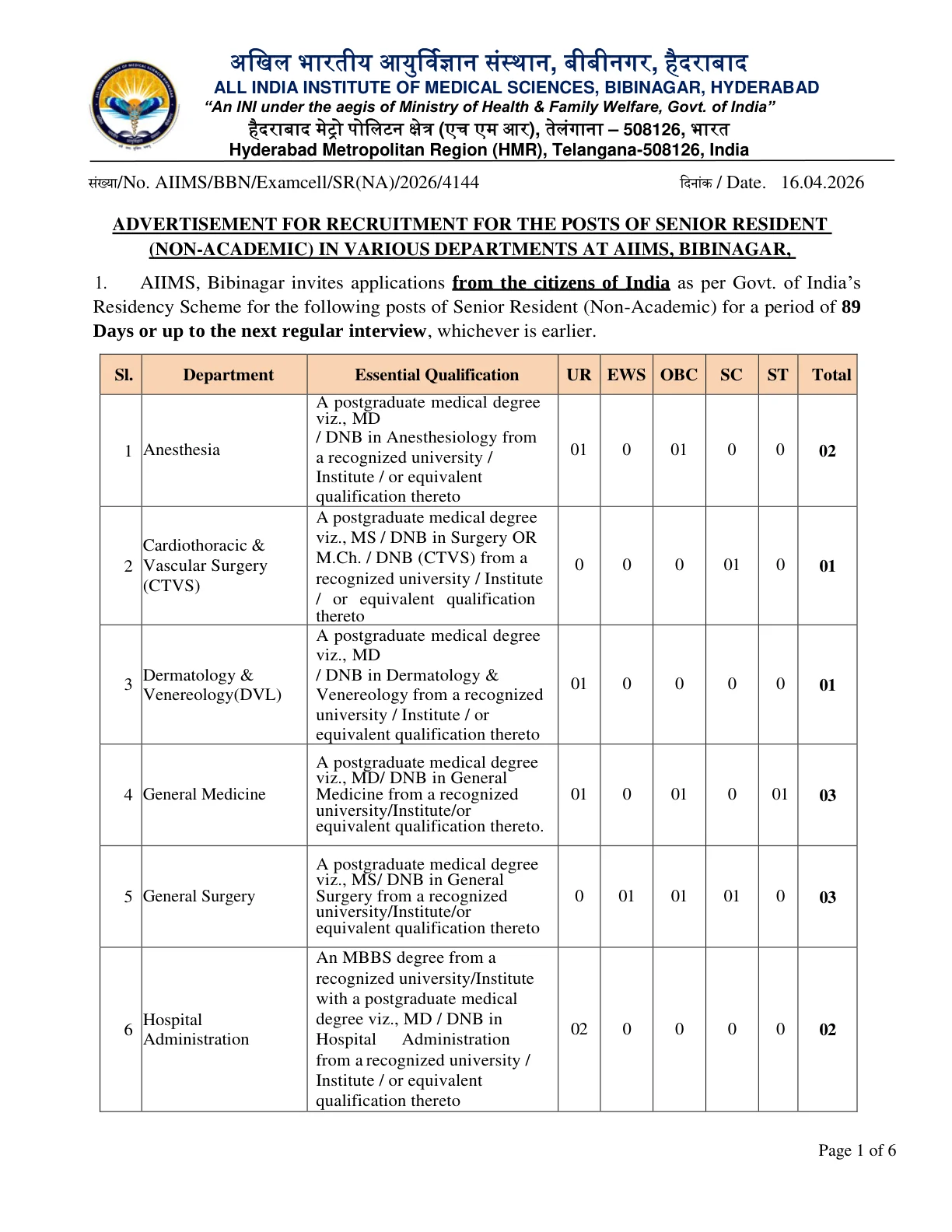 Official Recruitment Notification for AIIMS Bibinagar Senior Resident Recruitment 2026: Apply Online for 21 Non-Academic Posts, Check Eligibility and Last Date