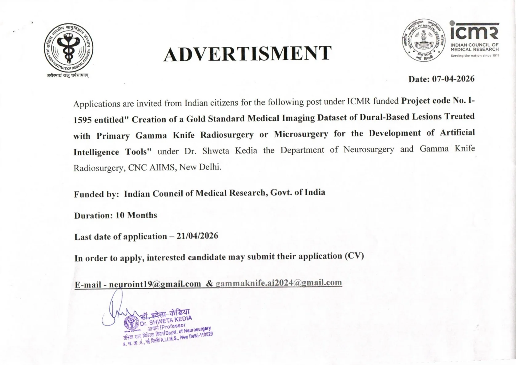 Official Recruitment Notification for AIIMS Delhi Project Consultant Recruitment 2026 - Apply Online