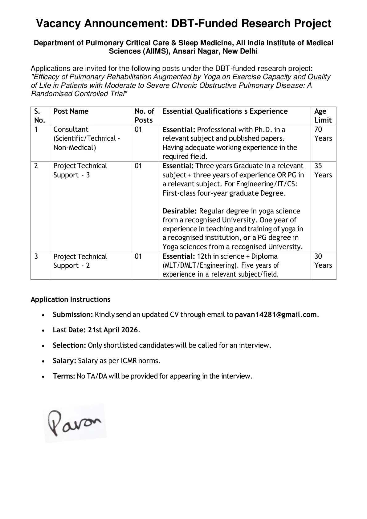 Official Recruitment Notification for AIIMS Delhi Recruitment 2026 for Consultant and Project Technical Support posts: eligibility, last date and how to apply online by email