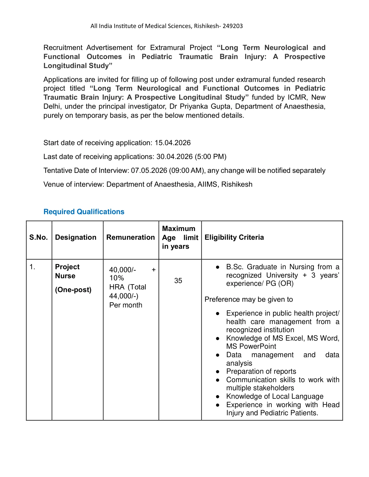 Official Recruitment Notification for AIIMS Rishikesh Project Nurse Recruitment 2026 for 1 Post - How to Apply Online