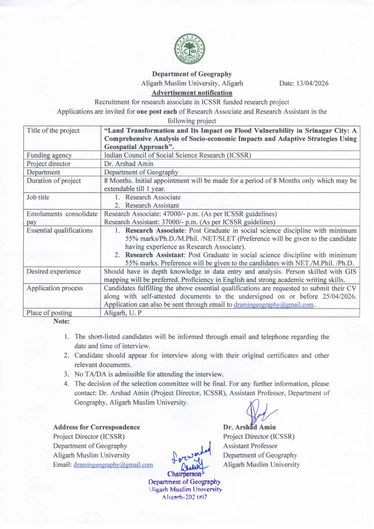 Official Recruitment Notification for AMU Recruitment 2026 - Apply Online for Research Associate and Research Assistant Posts