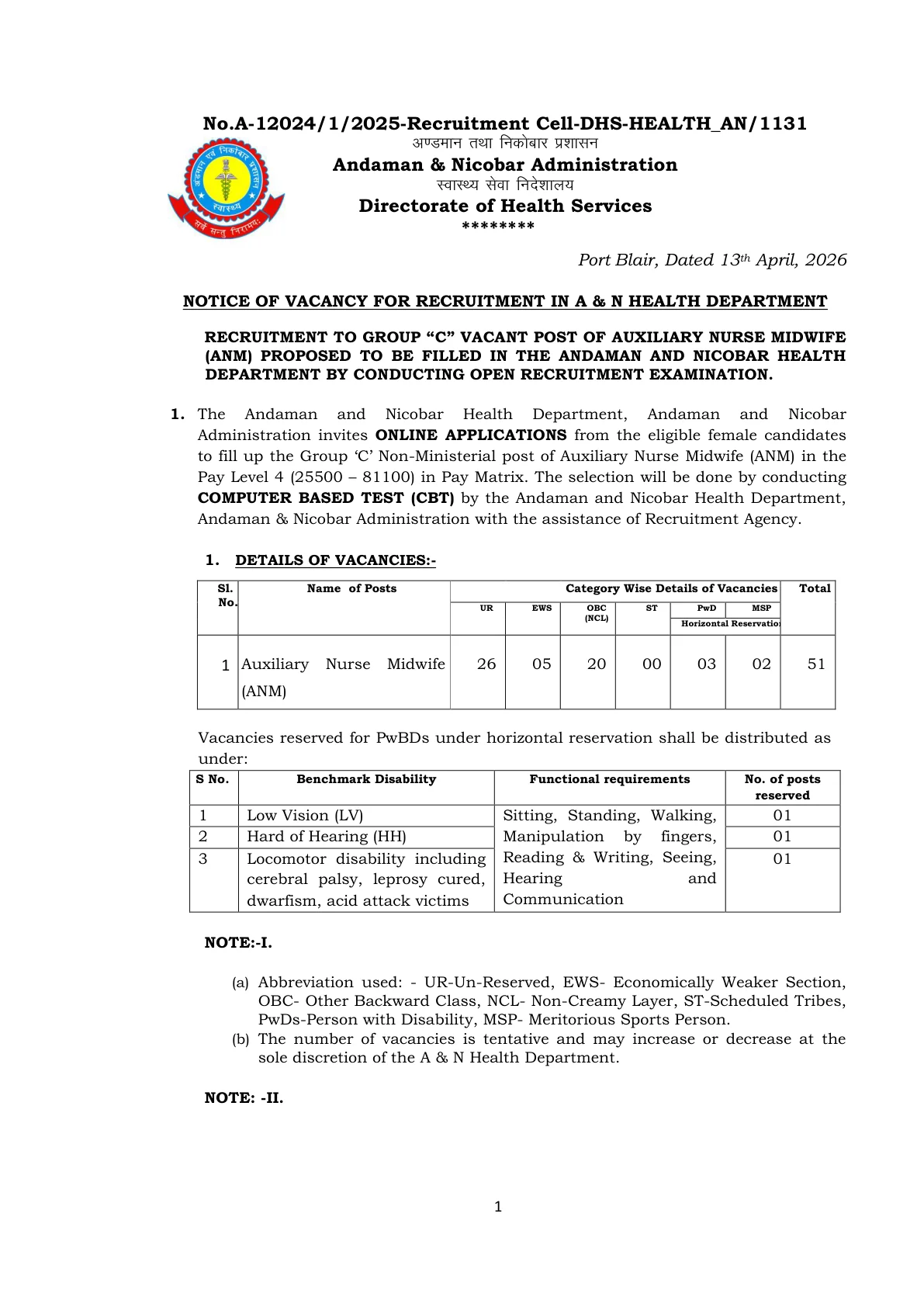Official Recruitment Notification for Andaman & Nicobar Health Department ANM Recruitment 2026: Check Eligibility, Fee, CBT Pattern and Apply Online for 51 Posts