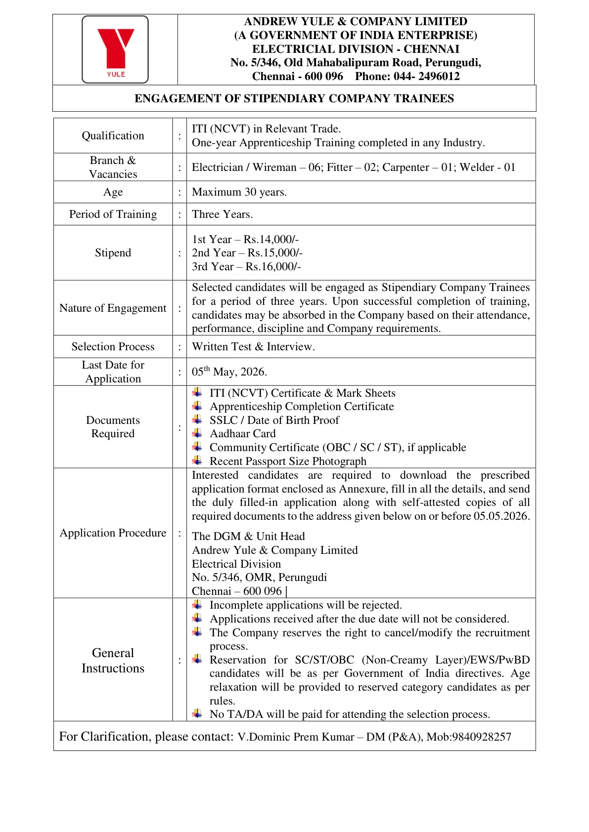 Official Recruitment Notification for Andrew Yule Stipendiary Company Trainee Recruitment 2026: Offline form, eligibility, stipend, trades and last date for 10 posts