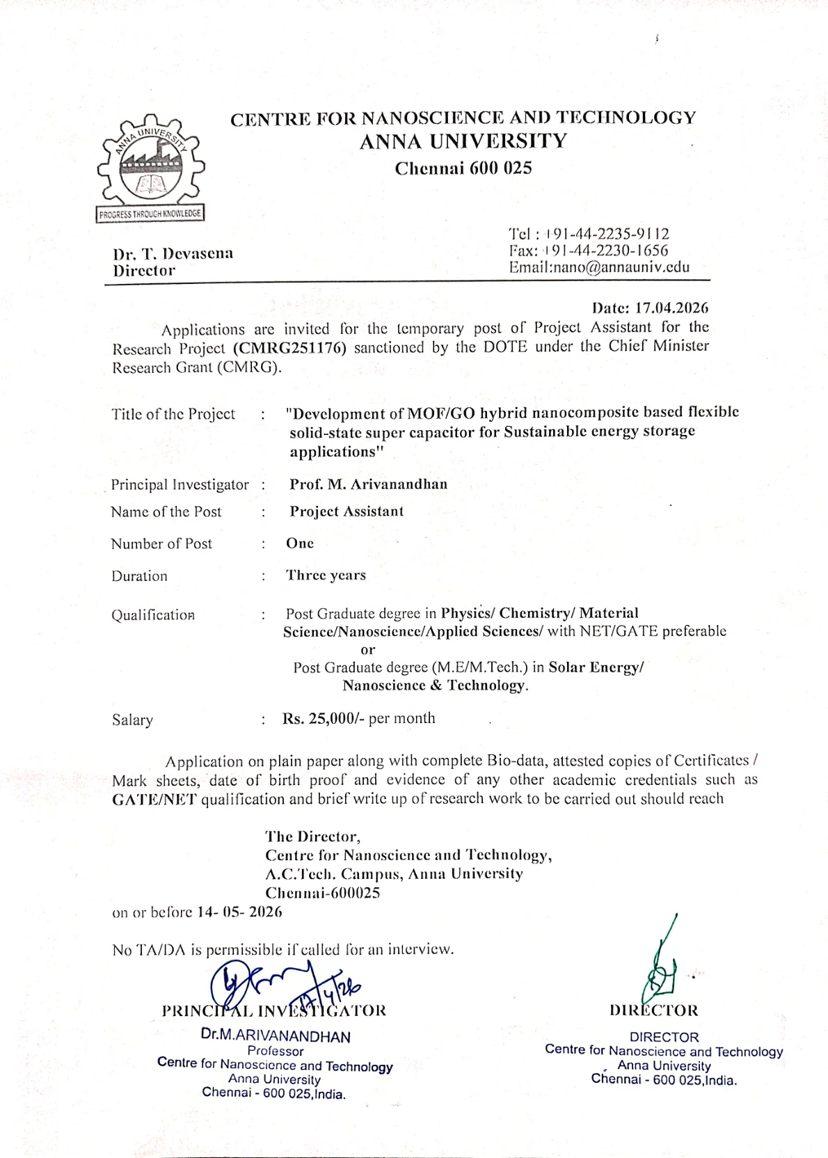 Official Recruitment Notification for Anna University Project Assistant Recruitment 2026: Apply Offline by 14 May, Check Eligibility, Salary and Postal Address