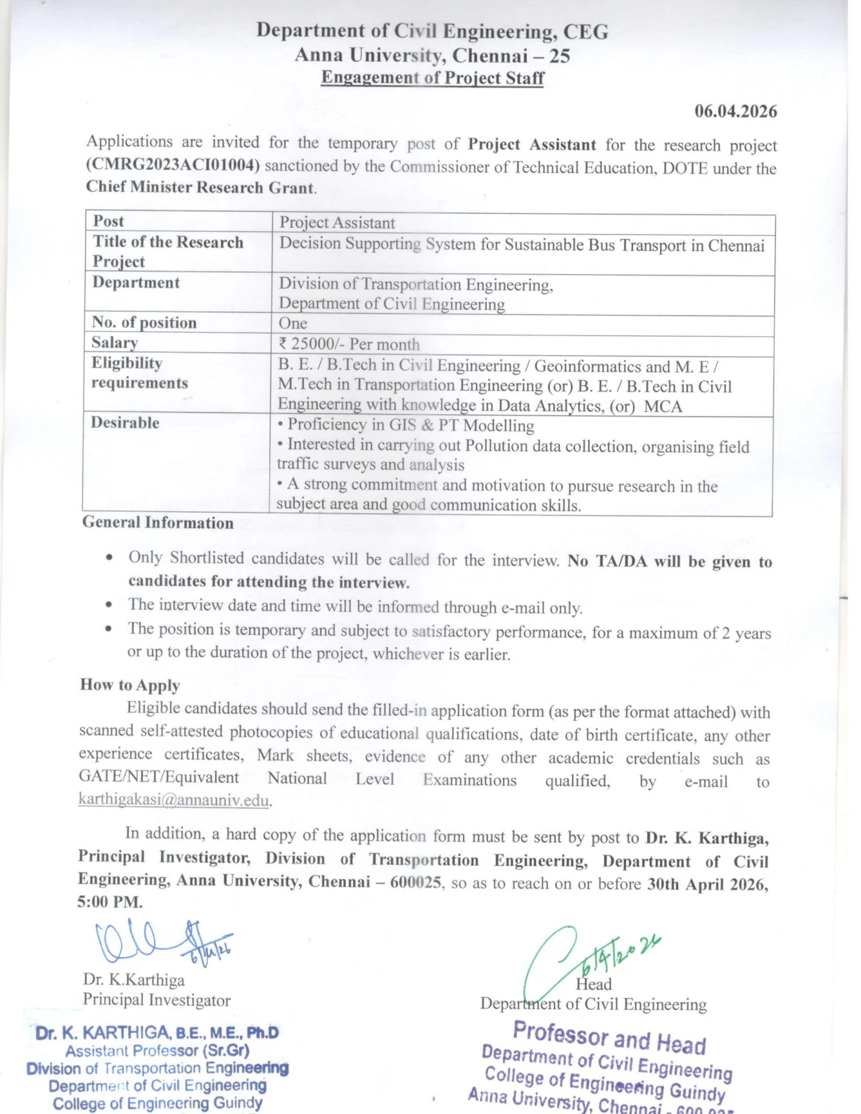 Official Recruitment Notification for Anna University Project Assistant Recruitment 2026: Eligibility, Salary, Application Form and Last Date
