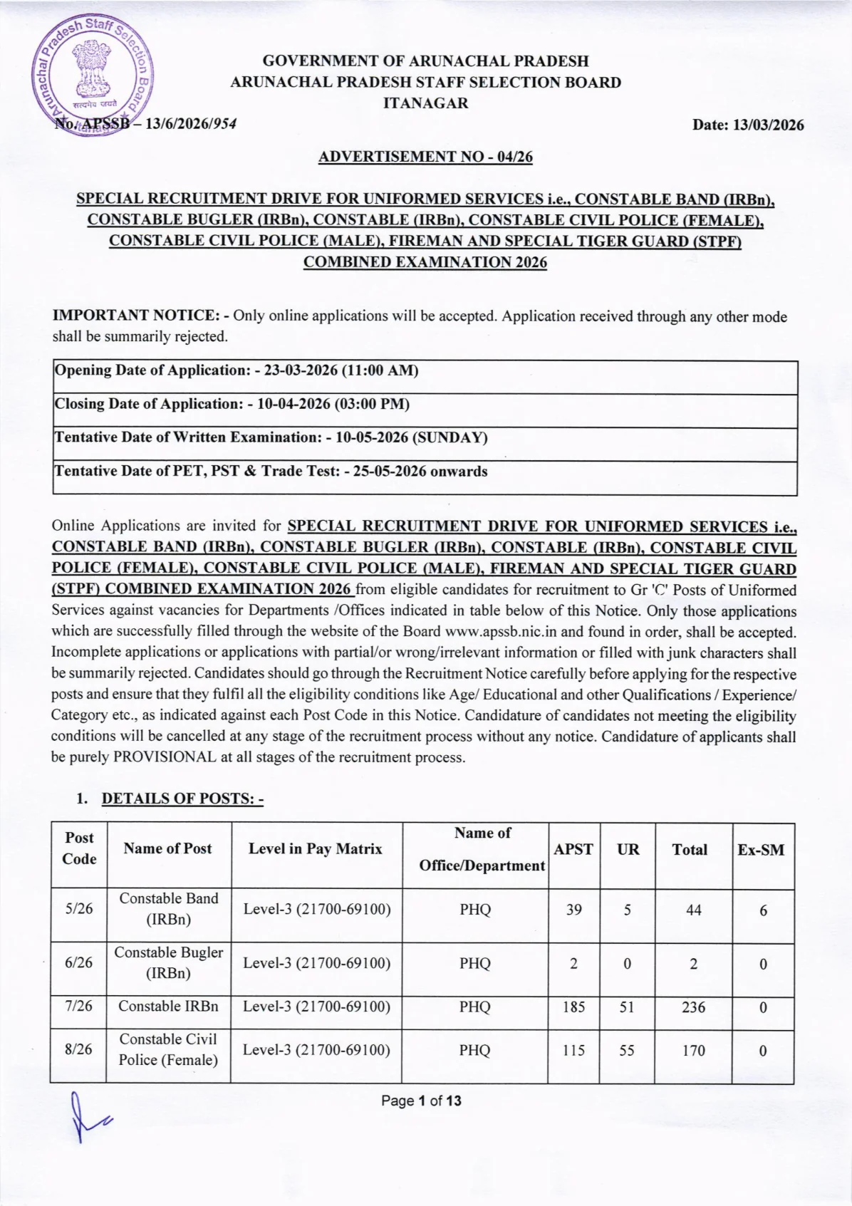 Official Recruitment Notification for APSSB Special Recruitment Drive 2026 - Apply Online for 984 Constable, Fireman & Special Tiger Guard Posts