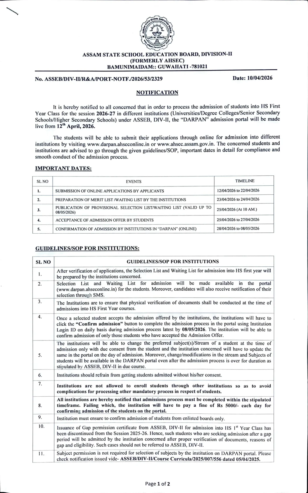 Official Admission Notice for Assam HS 1st Year Online Admission 2026: DARPAN Dates, Apply Process, Selection List and Documents