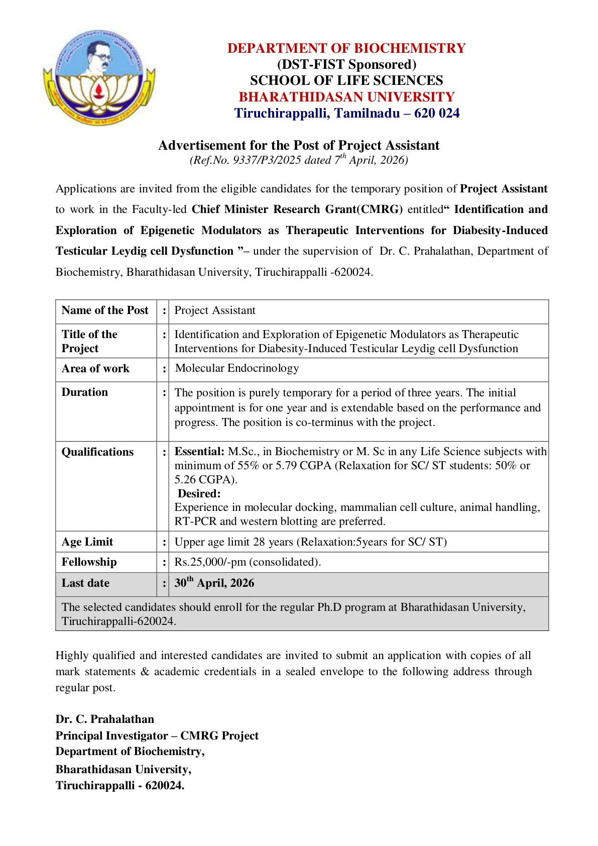 Official Recruitment Notification for Bharathidasan University Project Assistant Recruitment 2026 - Apply Offline