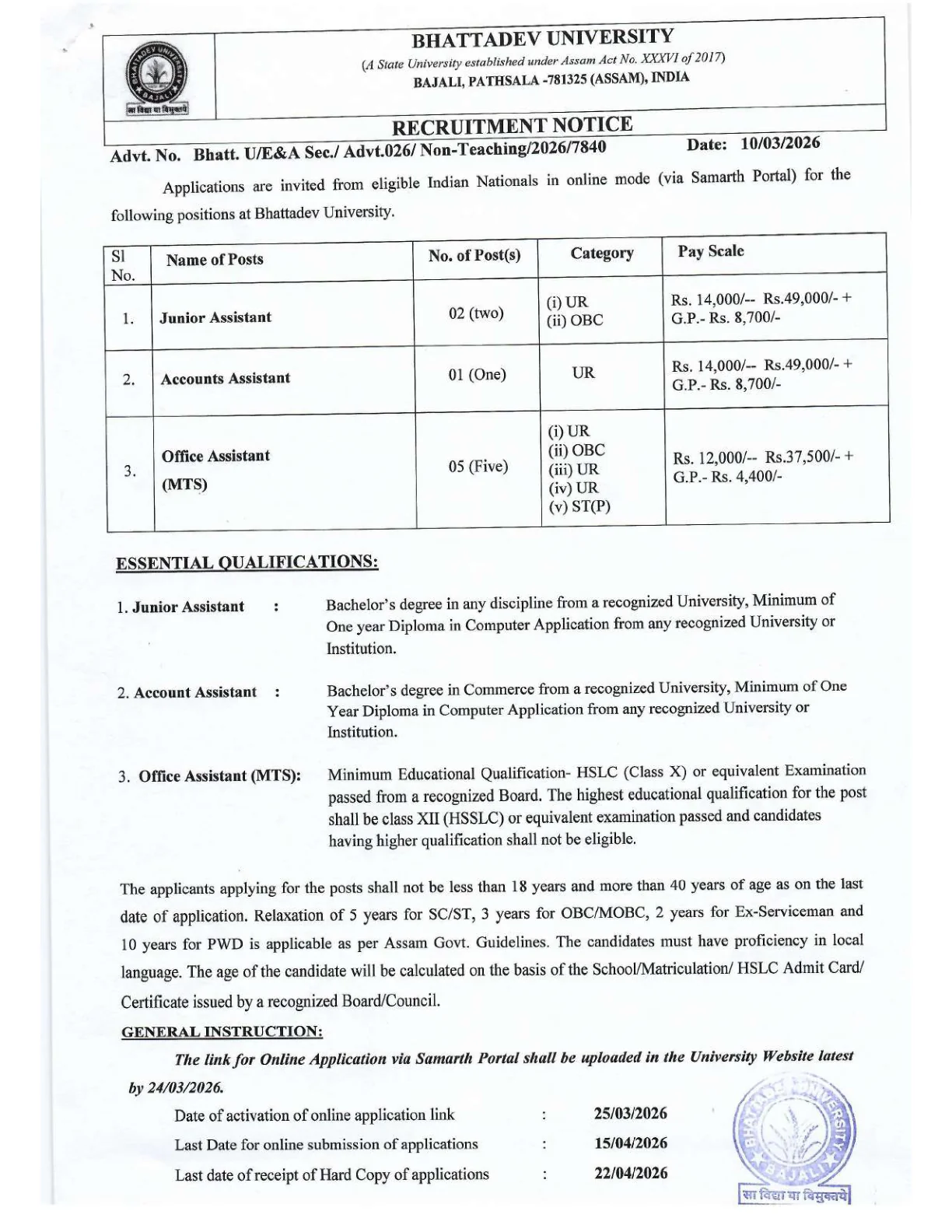 Official Recruitment Notification for Bhattadev University Recruitment 2026 for 8 Junior Assistant, Accounts Assistant and Office Assistant Posts: Eligibility, Fees and How to Apply