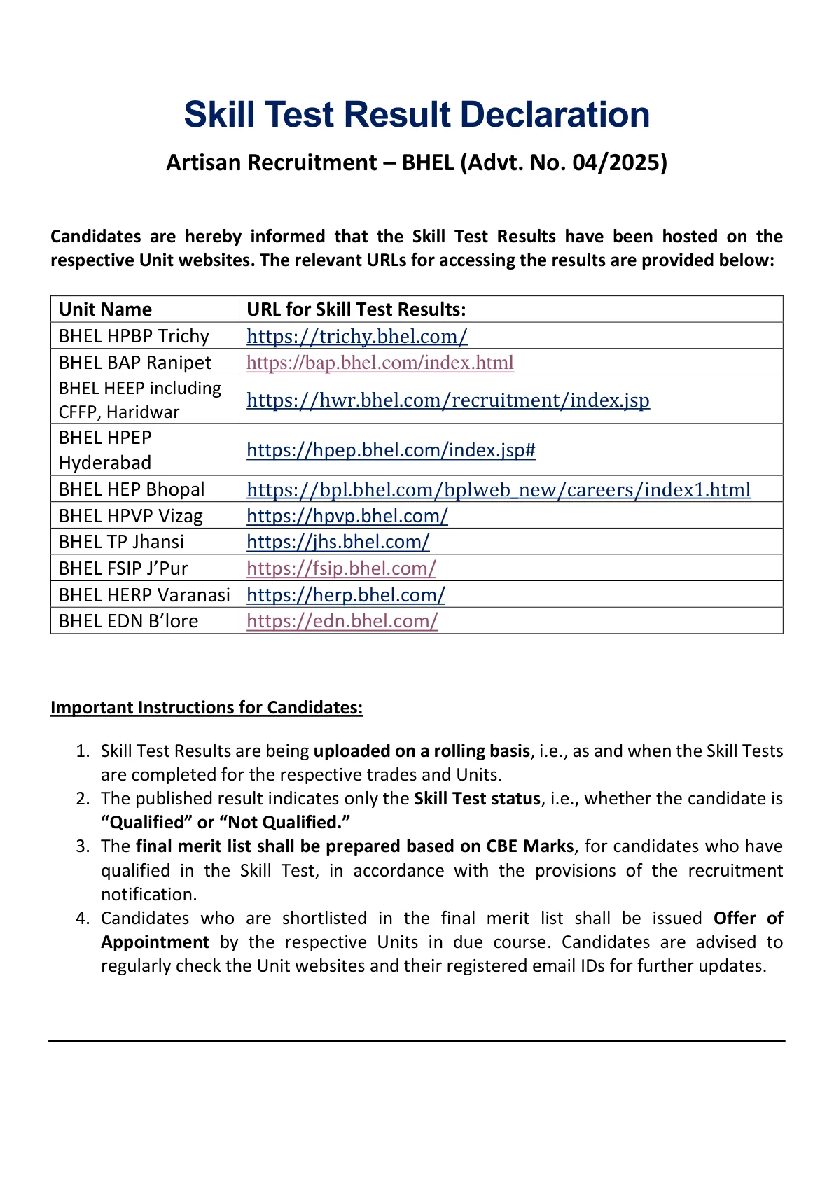 Official Scorecard Link for BHEL Artisan Skill Test Result 2026 Out (Direct Link) - Download Scorecard @careers.bhel.in