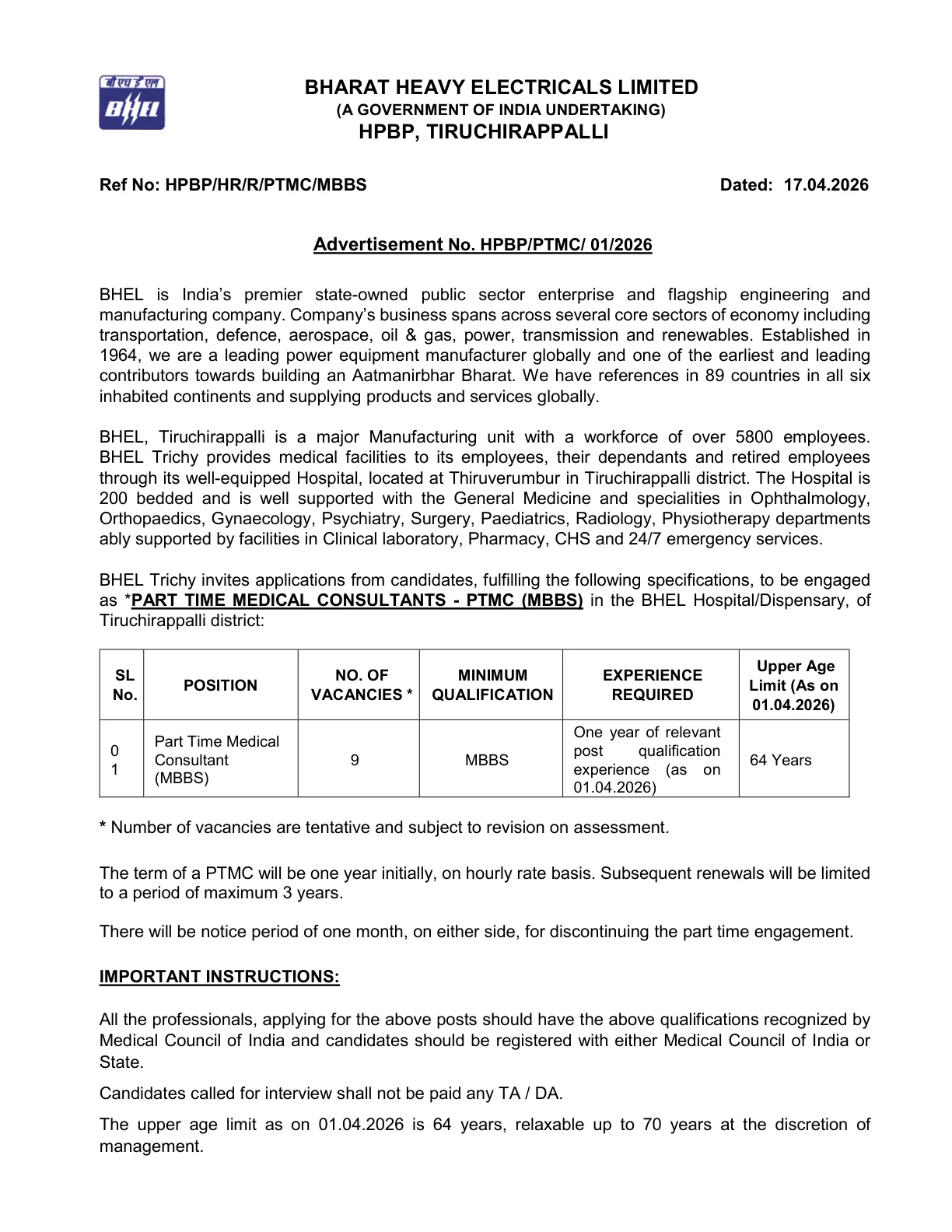 Official Recruitment Notification for BHEL Part Time Medical Consultant Recruitment 2026 for 9 MBBS Posts: Eligibility, Email Confirmation and Interview Date