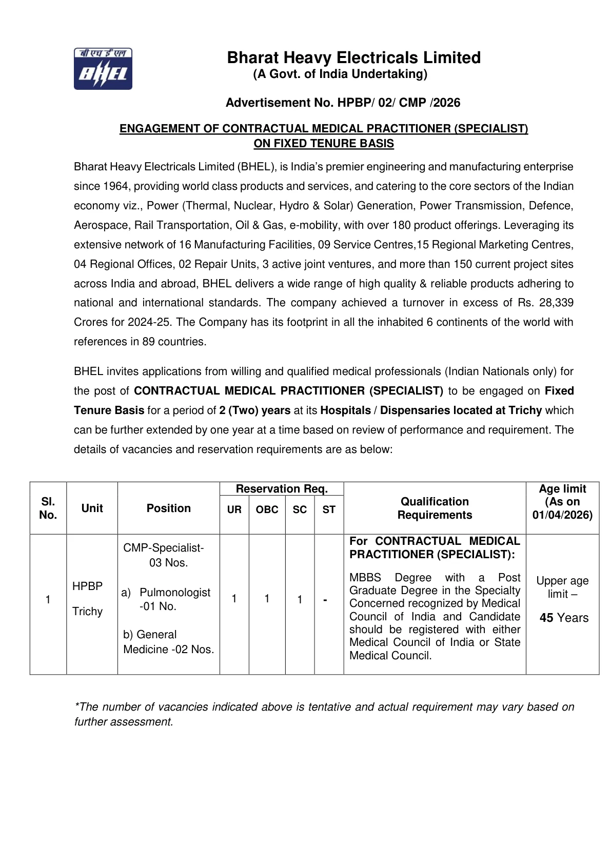 Official Recruitment Notification for BHEL Trichy Recruitment 2026 for Contractual Medical Practitioner (Specialist): Vacancy, Eligibility, Salary and Walk-in Details