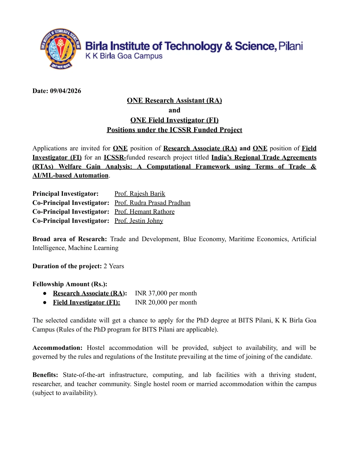 Official Recruitment Notification for BITS Pilani Goa Recruitment 2026 for 2 ICSSR Project Posts: Eligibility, Stipend, Deadline and Selection Process