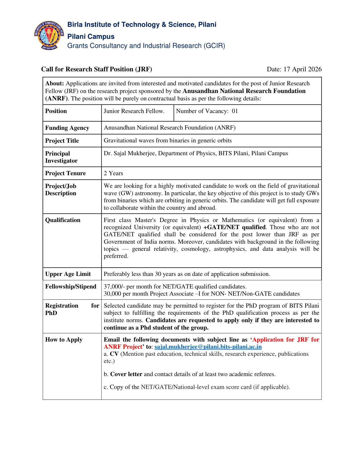 Official Recruitment Notification for BITS Pilani Junior Research Fellow Recruitment 2026 for the Project Gravitational Waves from Binaries in Generic Orbits: Eligibility, Stipend and Email Application Steps
