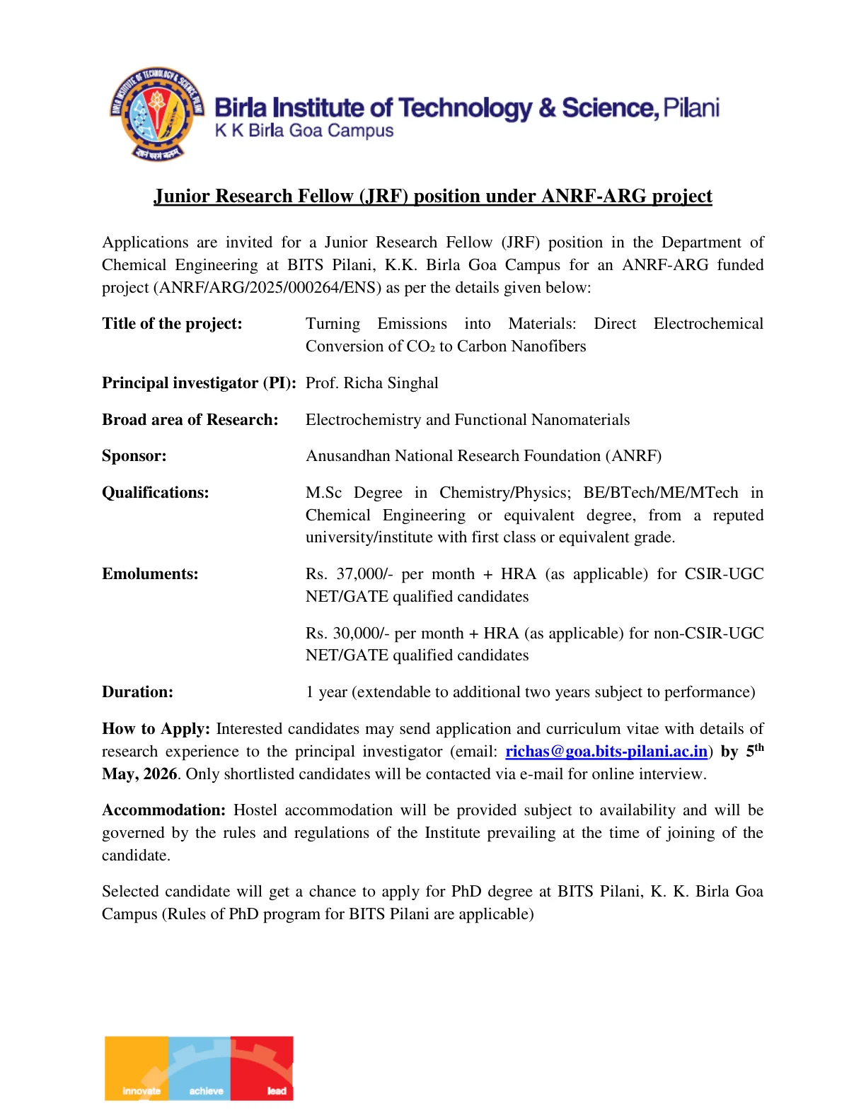 Official Recruitment Notification for BITS Pilani Junior Research Fellow Recruitment 2026 - How to Apply