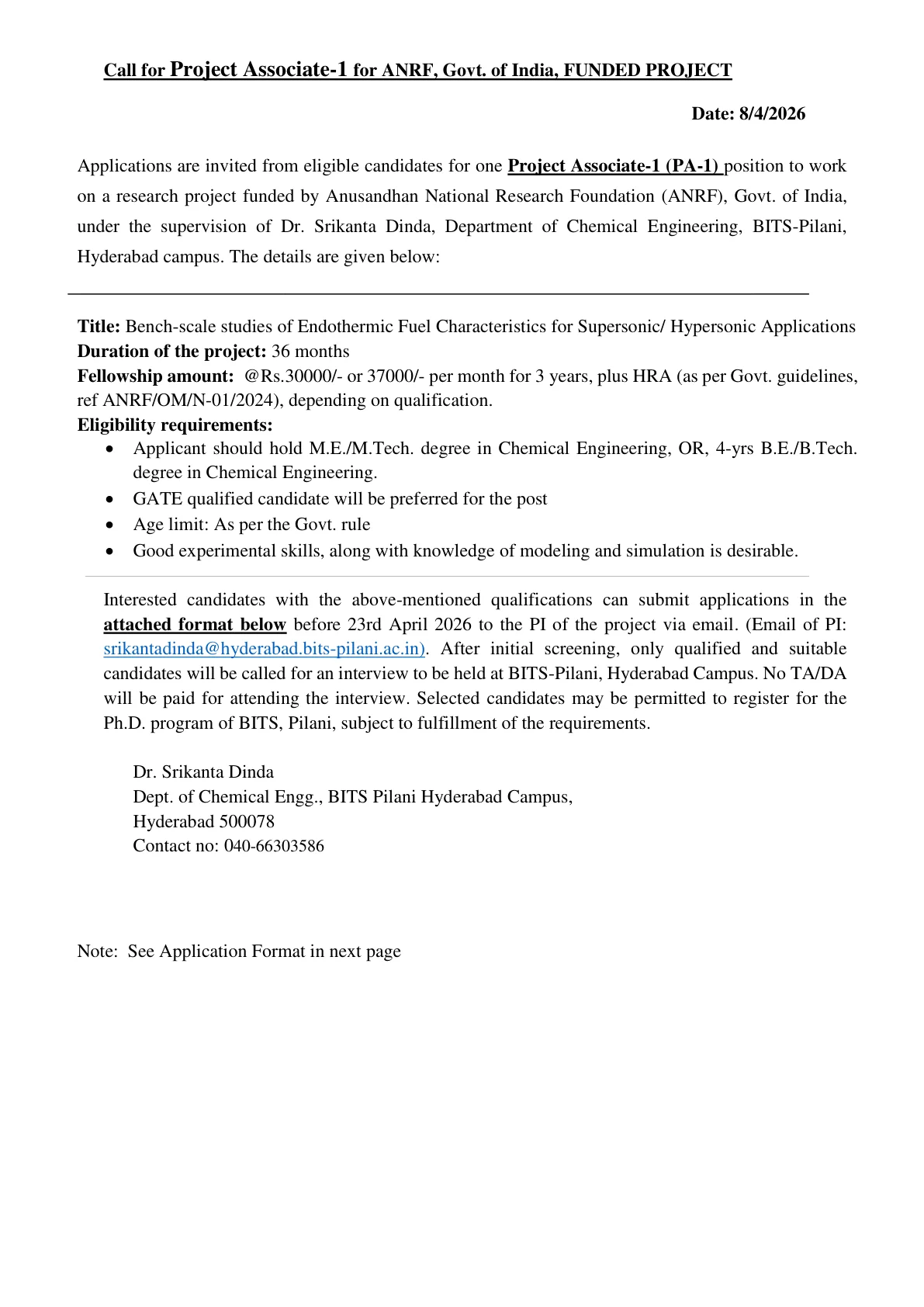 Official Recruitment Notification for BITS Pilani Project Associate-1 Recruitment 2026 - Apply Online