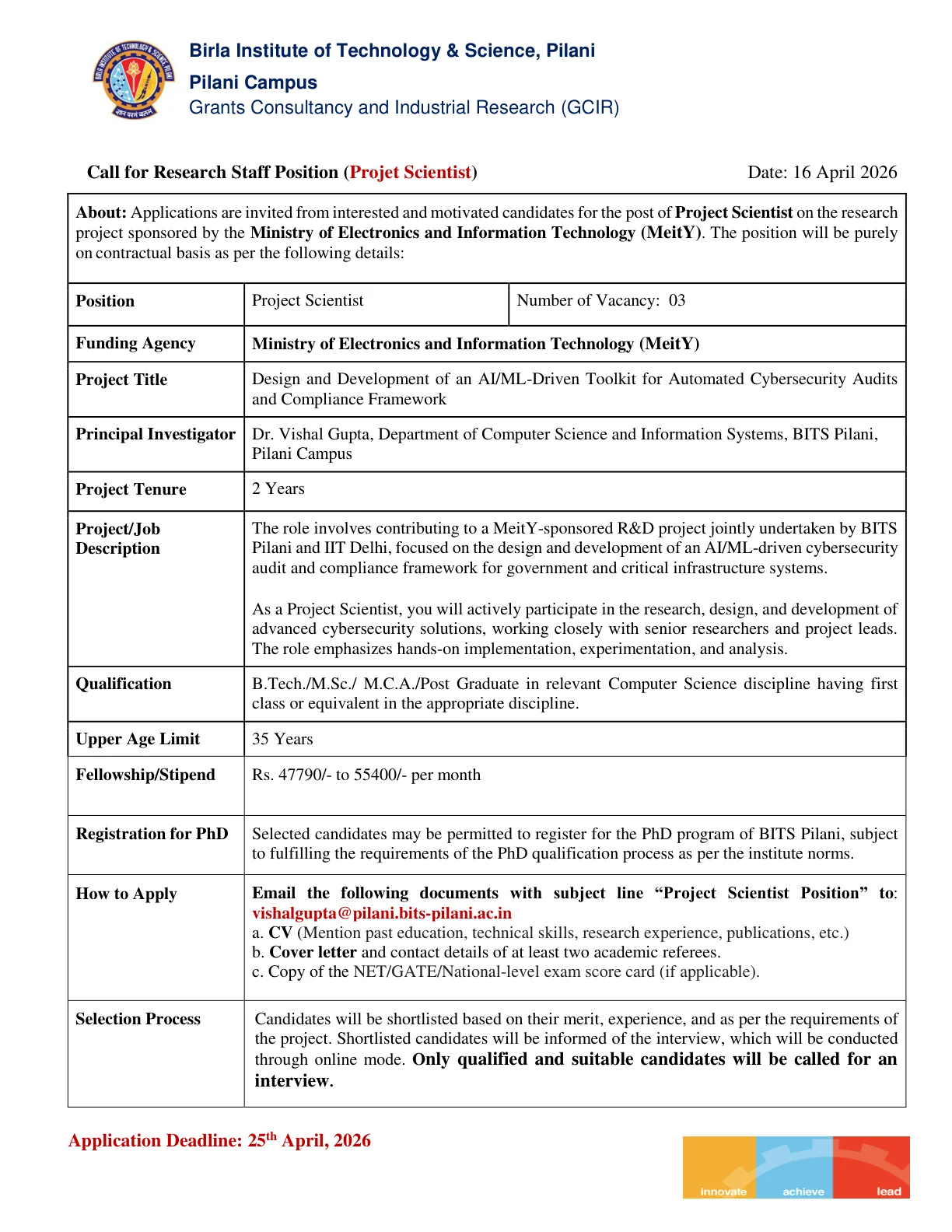 Official Recruitment Notification for BITS Pilani Project Scientist Recruitment 2026 for 3 Posts: Eligibility, Salary and Email Application Process