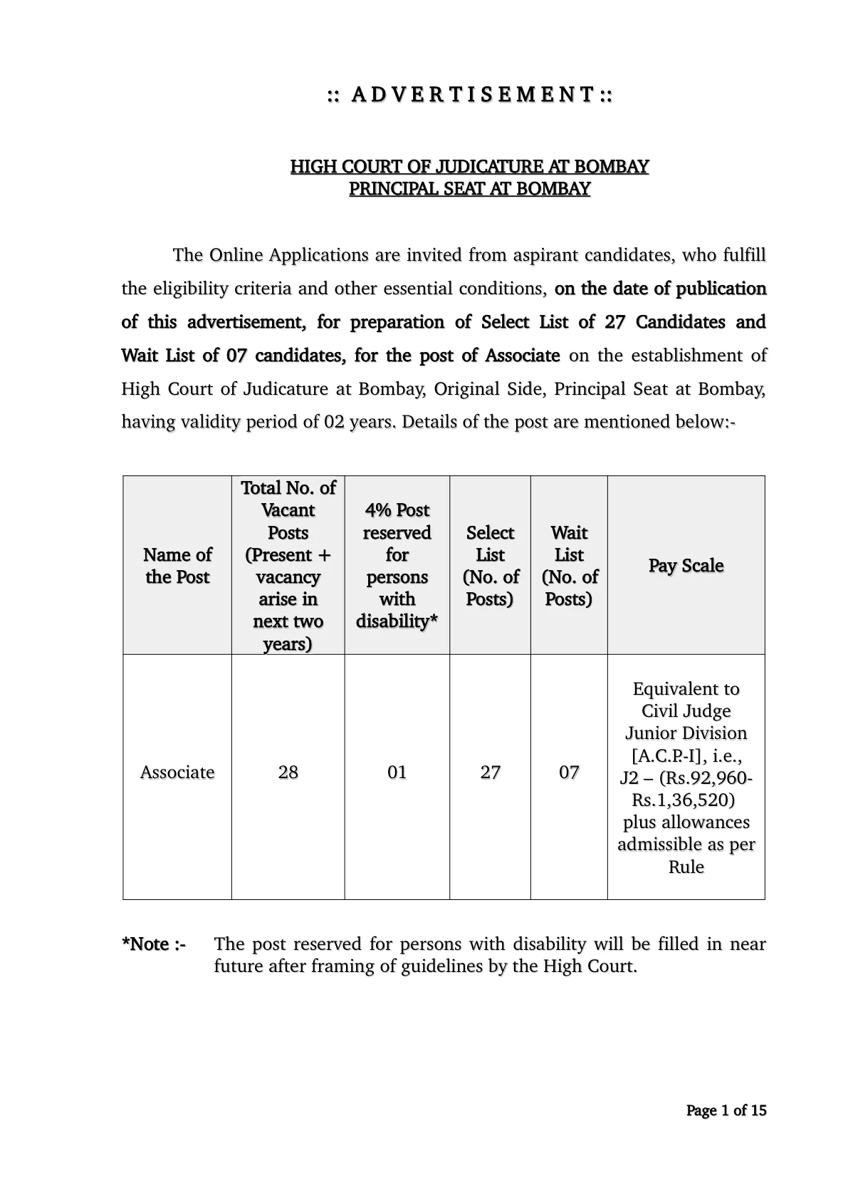 Official Recruitment Notification for Bombay High Court Associate Recruitment 2026 - Apply Online for 28 Posts