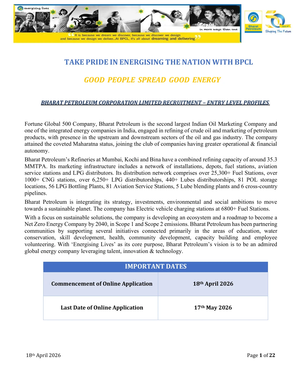 Official Recruitment Notification for BPCL Recruitment 2026 for 250 Entry-Level Posts Without GATE: Vacancy, Eligibility and Apply Online