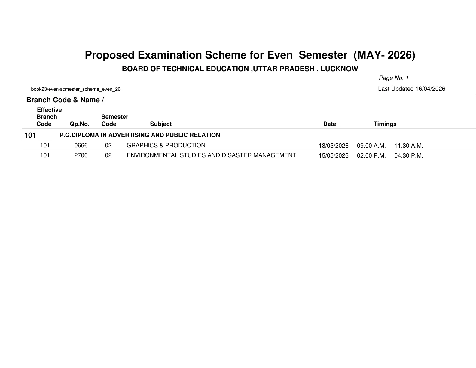 Official Exam Notice for BTEUP Date Sheet 2026 for Even Semester May Exams: Download Revised Exam Scheme PDF