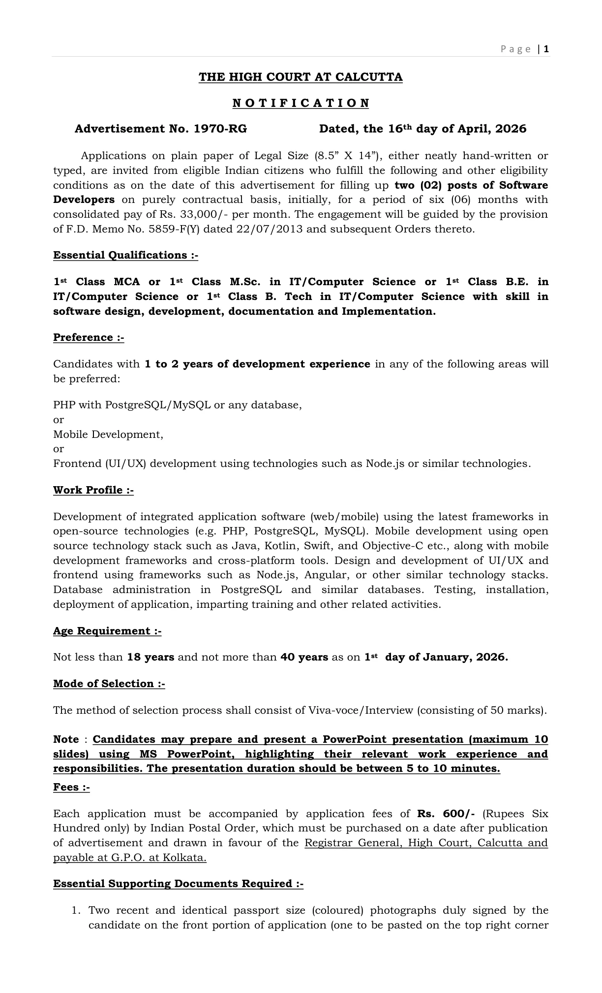Official Recruitment Notification for Calcutta High Court Software Developers Recruitment 2026 for 2 Posts: Eligibility, Offline Form, Fee and Last Date