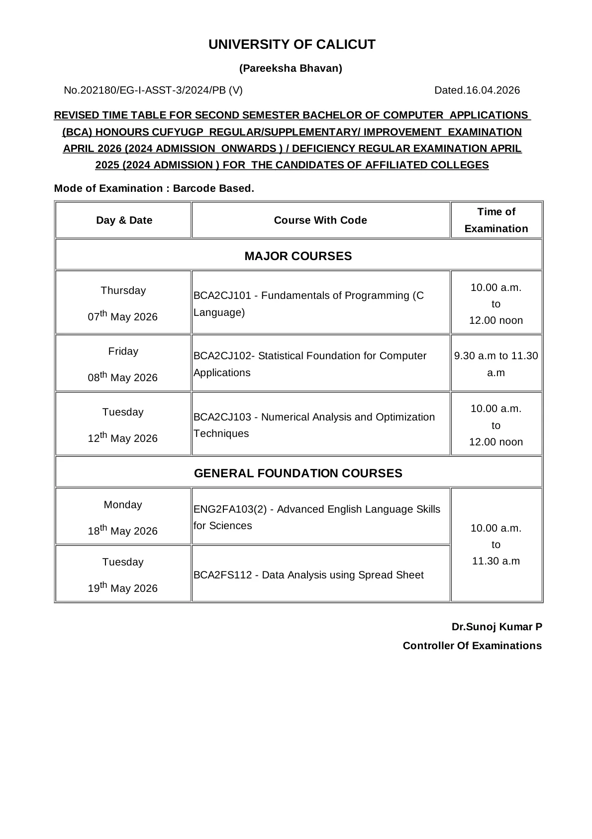 Official Exam Notice for Calicut University UG Time Table 2026: Download Revised Second Semester CUFYUGP PDF and Check Exam Schedule
