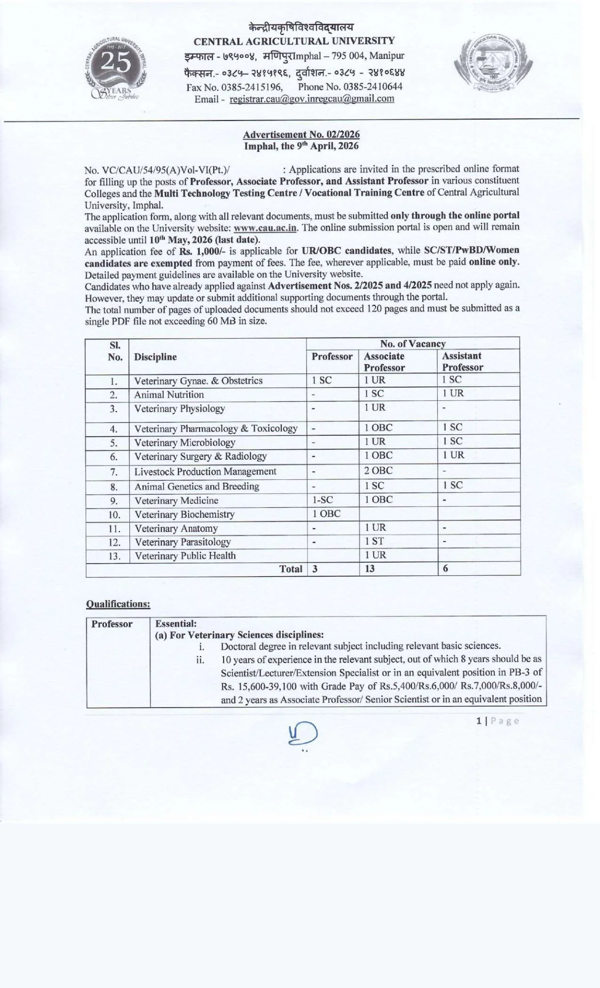 Official Recruitment Notification for CAU Teaching Faculty Recruitment 2026 - Apply Online for 22 Posts