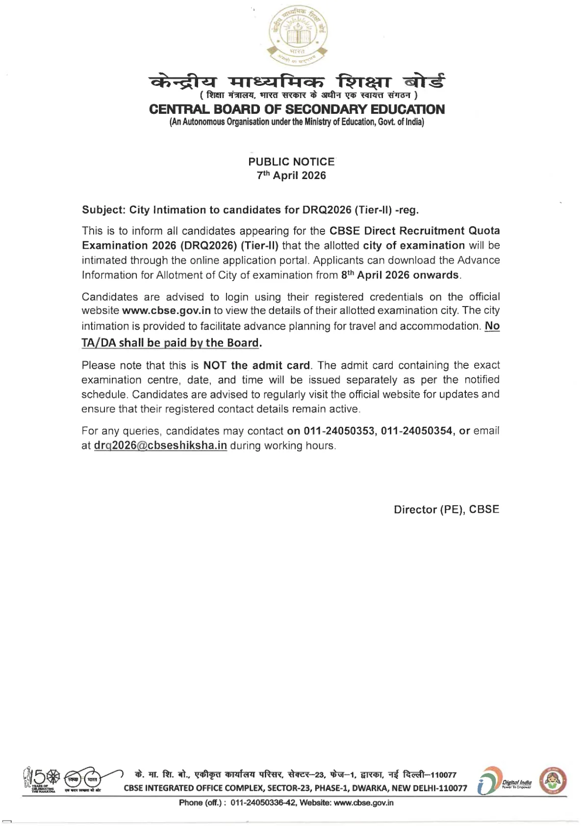 Official Exam Notice for CBSE Tier 2 City Intimation Slip 2026 at cbse.gov.in – Check Exam City & Shift Details