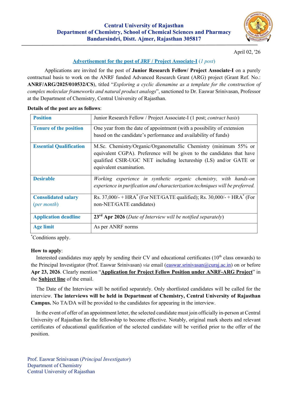 Official Recruitment Notification for Central University of Rajasthan Junior Research Fellow/ Project Associate I Recruitment 2026 - Apply Online