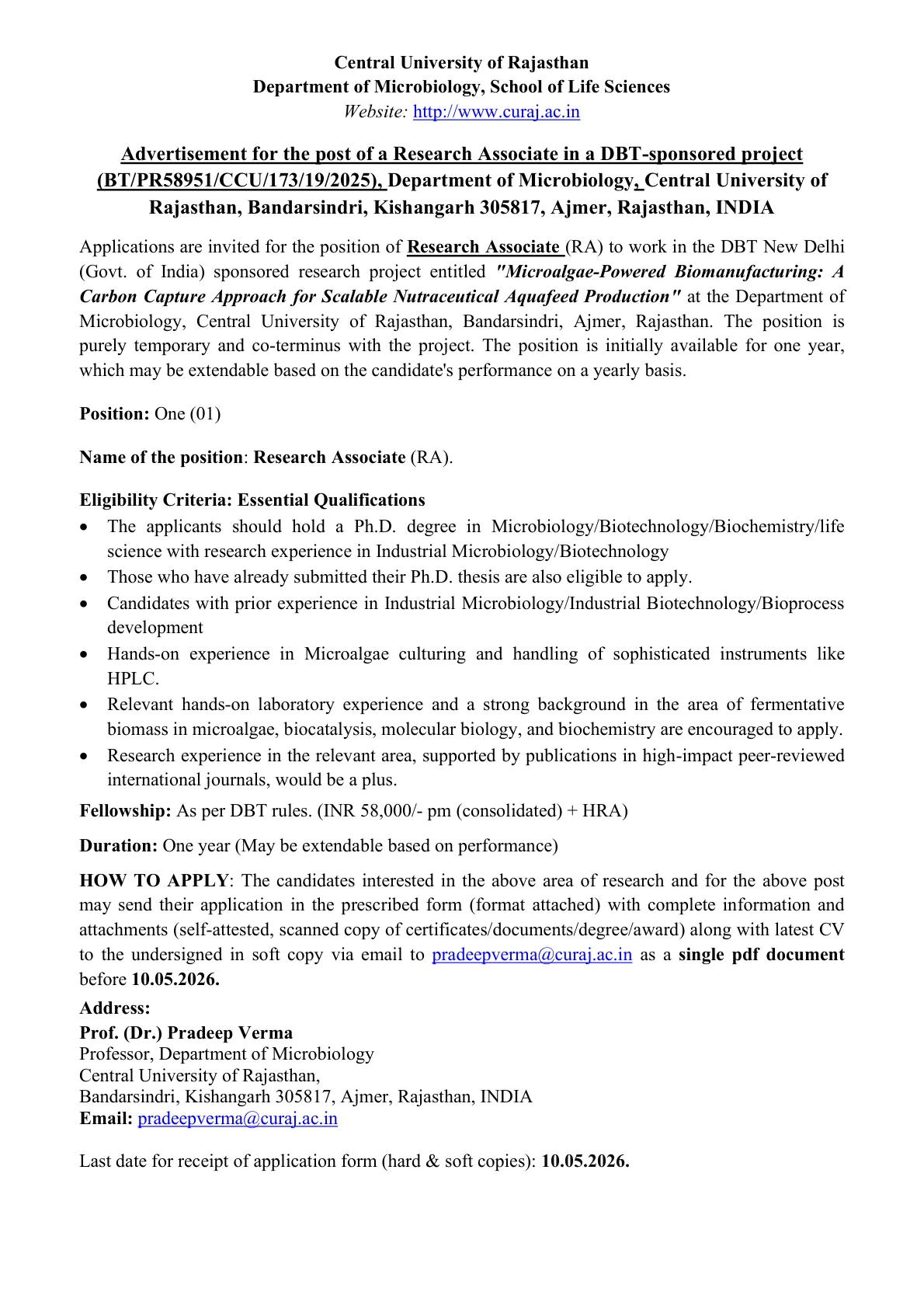 Official Recruitment Notification for Central University of Rajasthan Research Associate Recruitment 2026: eligibility, fellowship, last date and application process