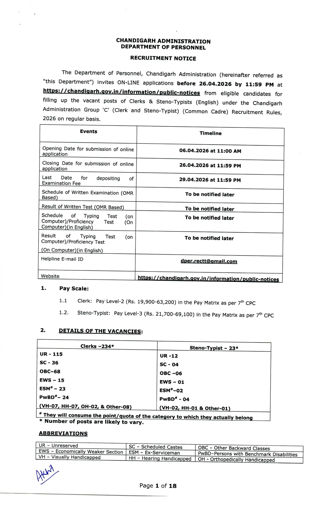 Official Recruitment Notification for Chandigarh Administration Clerk Recruitment 2026 Out at chandigarh.gov.in - Apply Online for 257 Group C (Clerk, Steno) Posts