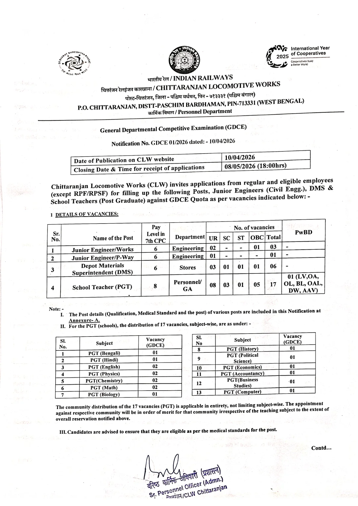 Official Recruitment Notification for CLW GDCE Recruitment 2026 - Apply Offline for 27 Junior Engineer, School Teacher and More Posts