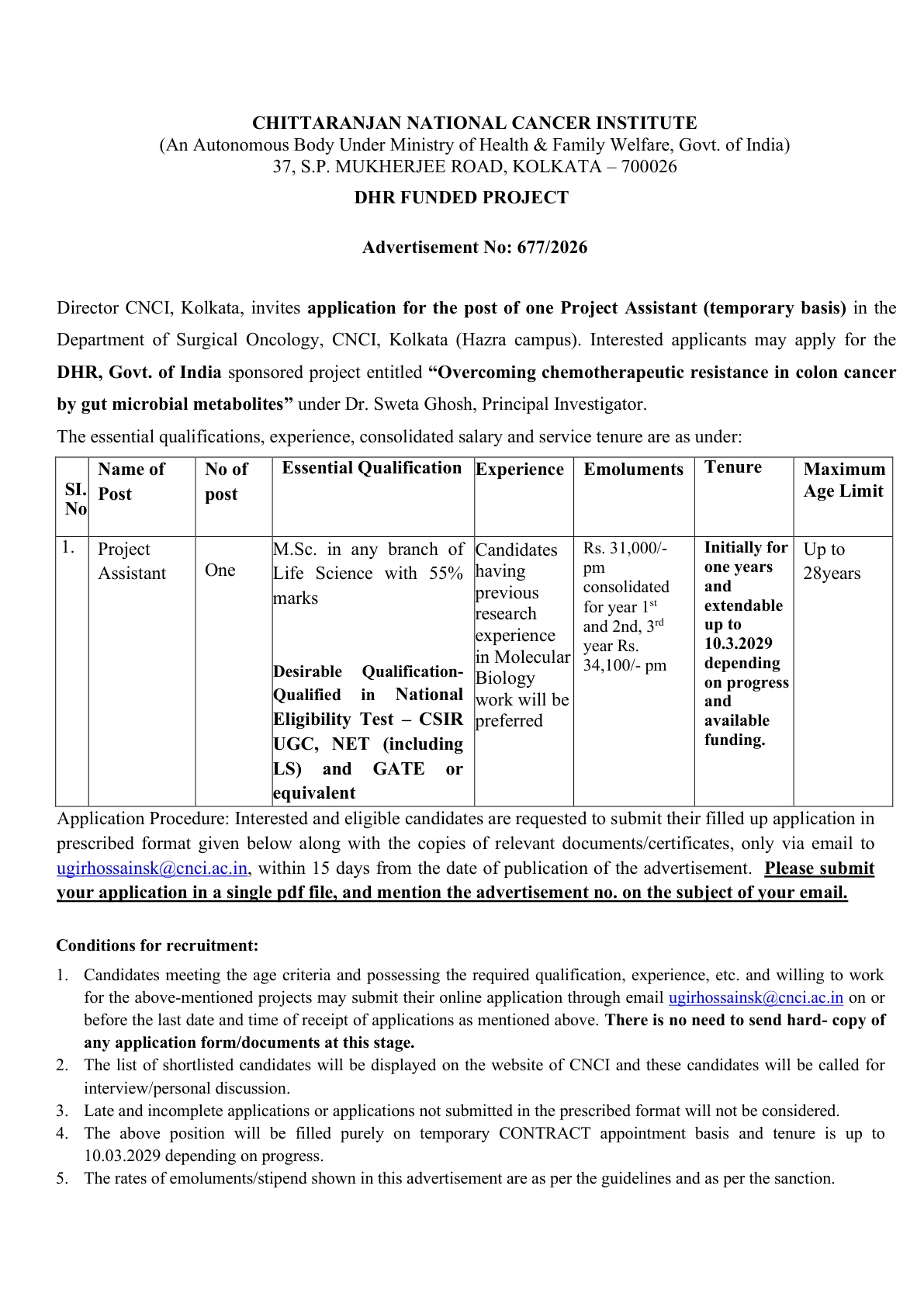 Official Recruitment Notification for CNCI Project Assistant Recruitment 2026 - Apply Online
