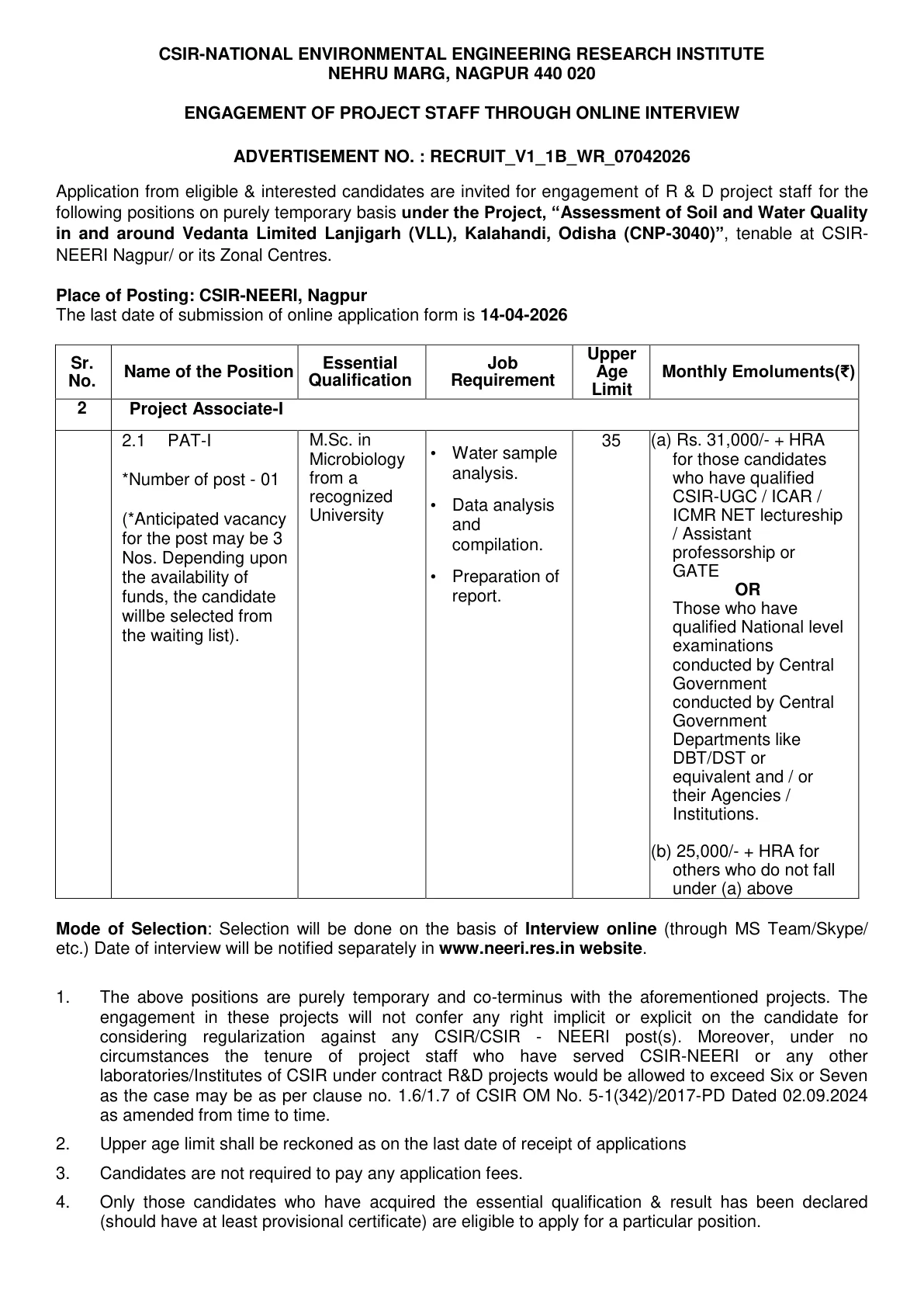 Official Recruitment Notification for CSIR NEERI Project Associate I Recruitment 2026 - Apply Online