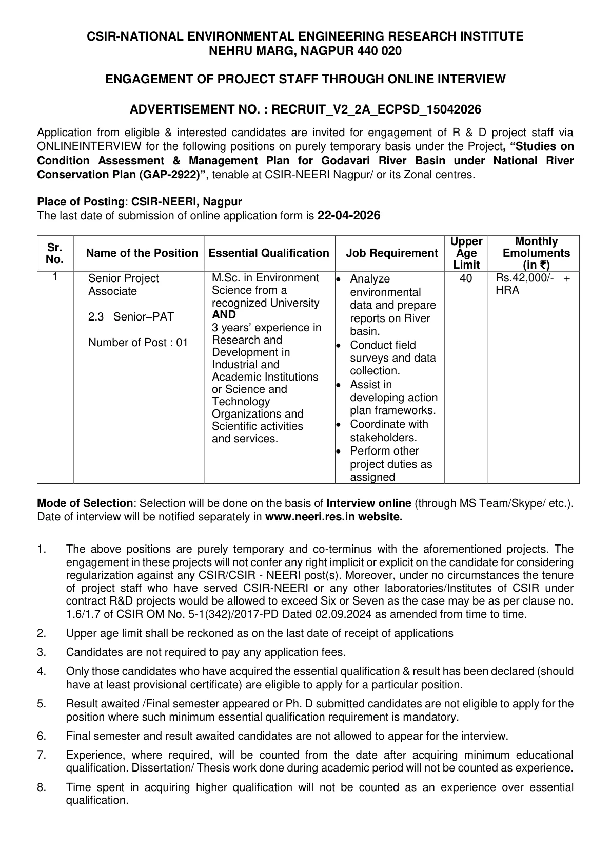 Official Recruitment Notification for CSIR-NEERI Senior Project Associate Recruitment 2026: Check Eligibility, Salary, Last Date and Apply Online