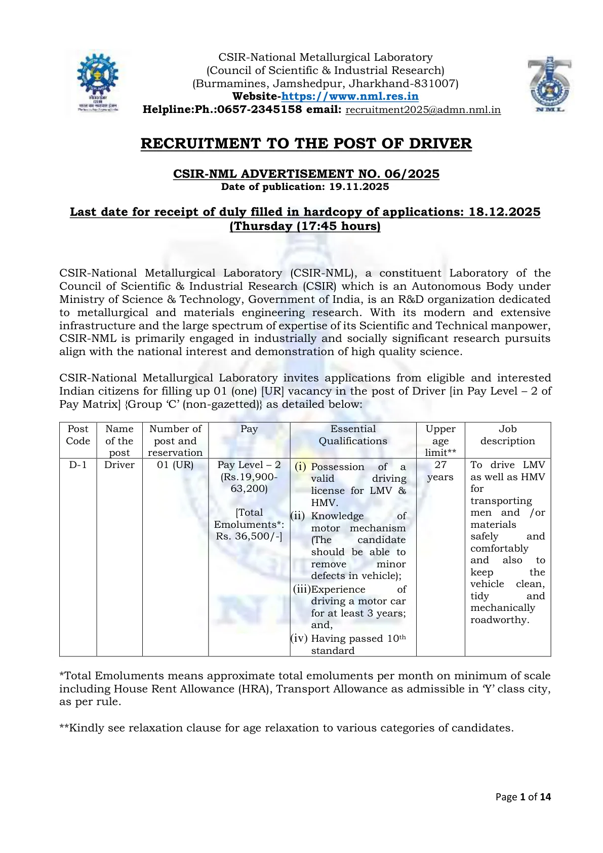Official Answer Key Link for CSIR NML Driver Answer Key 2026 OUT - Download PDF, Response Sheet & Objection Link