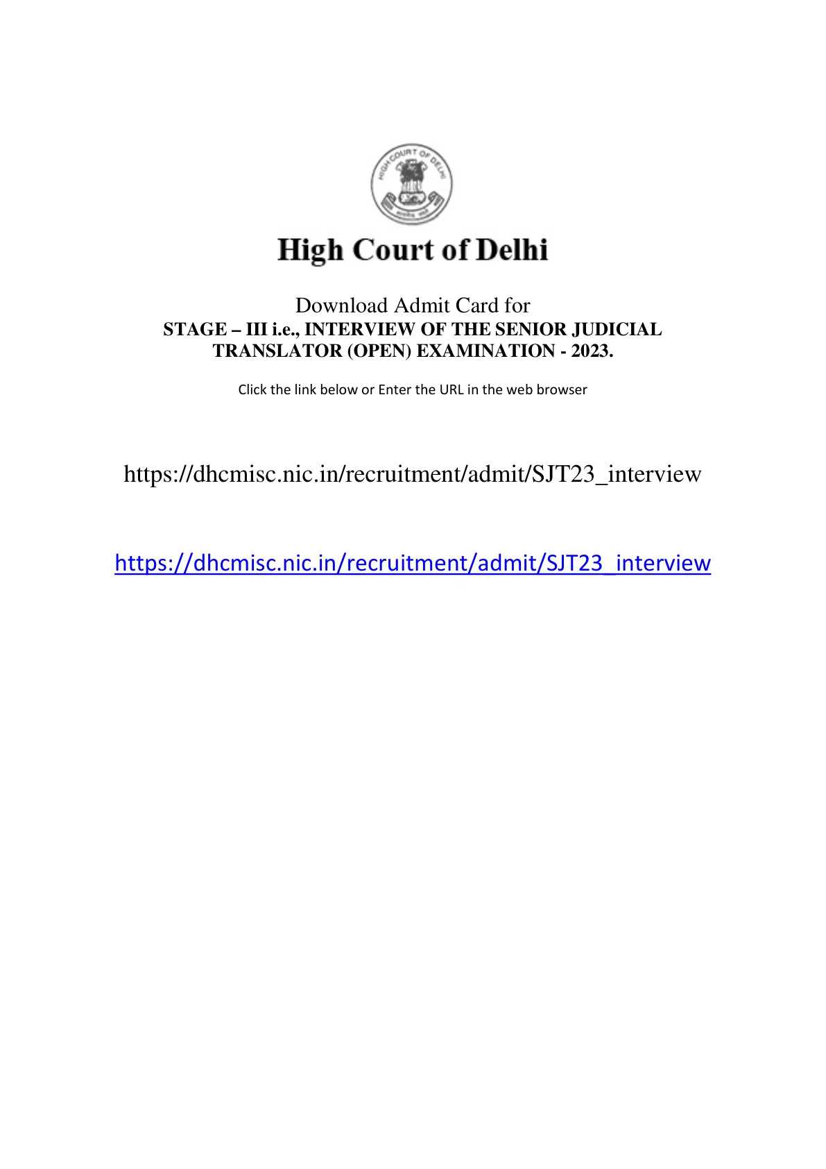 Official Admit Card Link for Delhi High Court Senior Judicial Translator Admit Card 2026 Out - Download Here