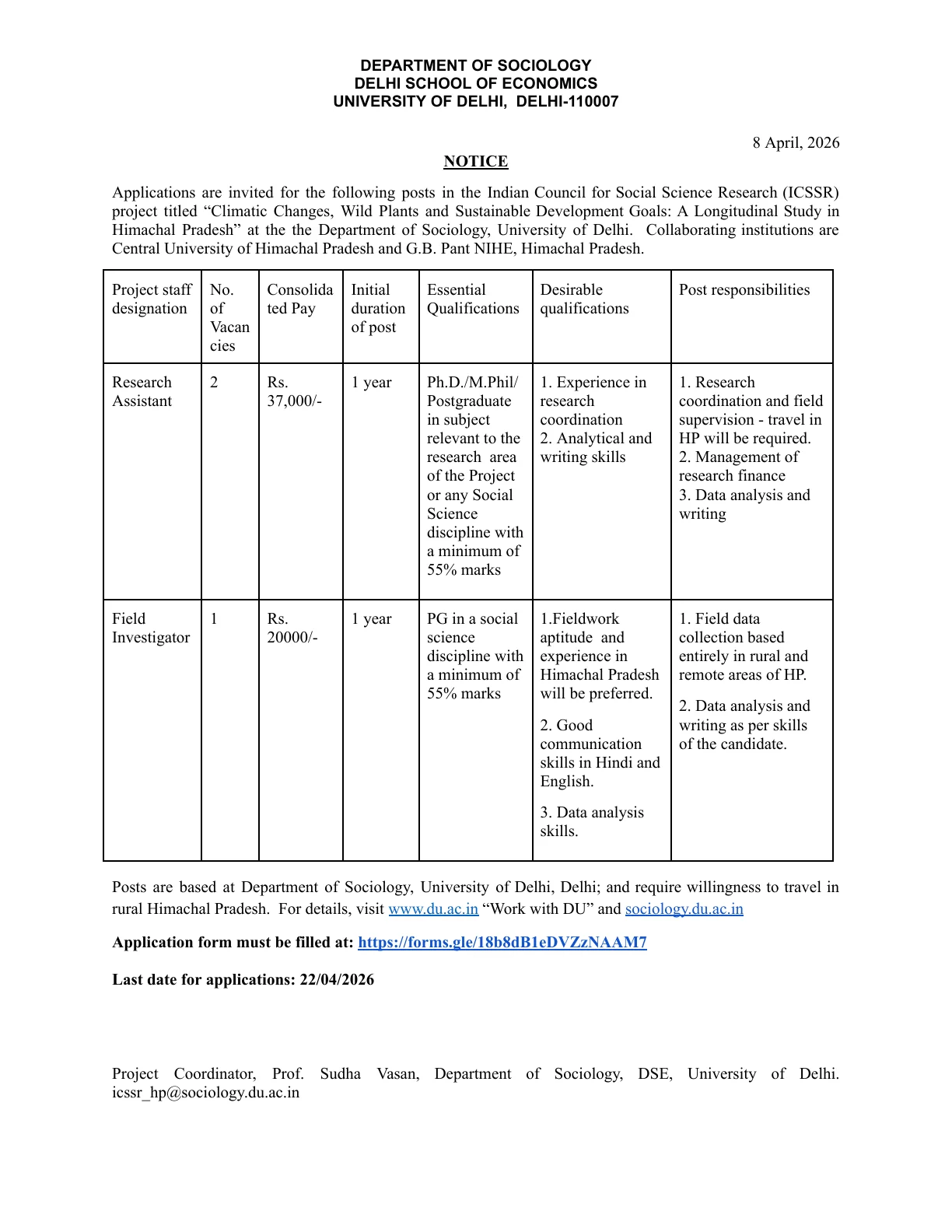 Official Recruitment Notification for Delhi University Recruitment 2026 - Apply Online for Research Assistant, Field Investigator Posts