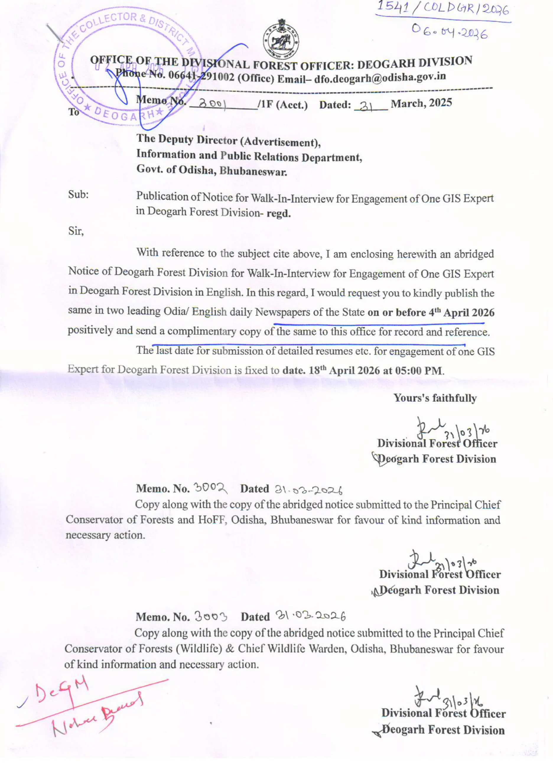 Official Recruitment Notification for Deogarh Forest Division GIS Expert Recruitment 2026 - Application and Walk-in Interview Details