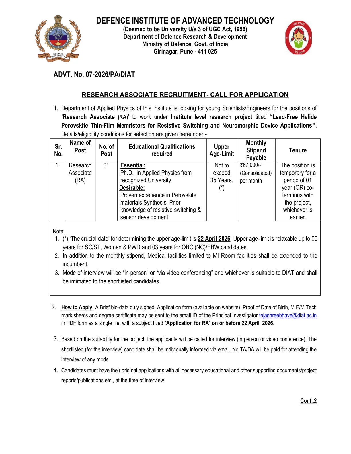 Official Recruitment Notification for DIAT Research Associate Recruitment 2026 - Apply Online