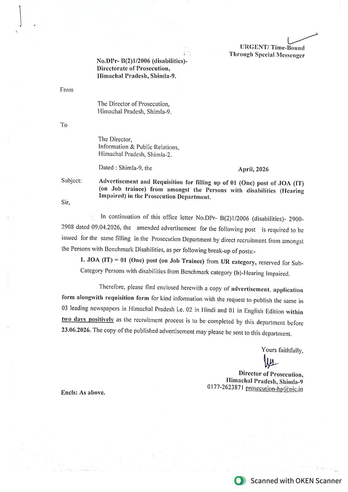 Official Recruitment Notification for Directorate of Prosecution HP Junior Office Assistant Recruitment 2026 - Apply Offline
