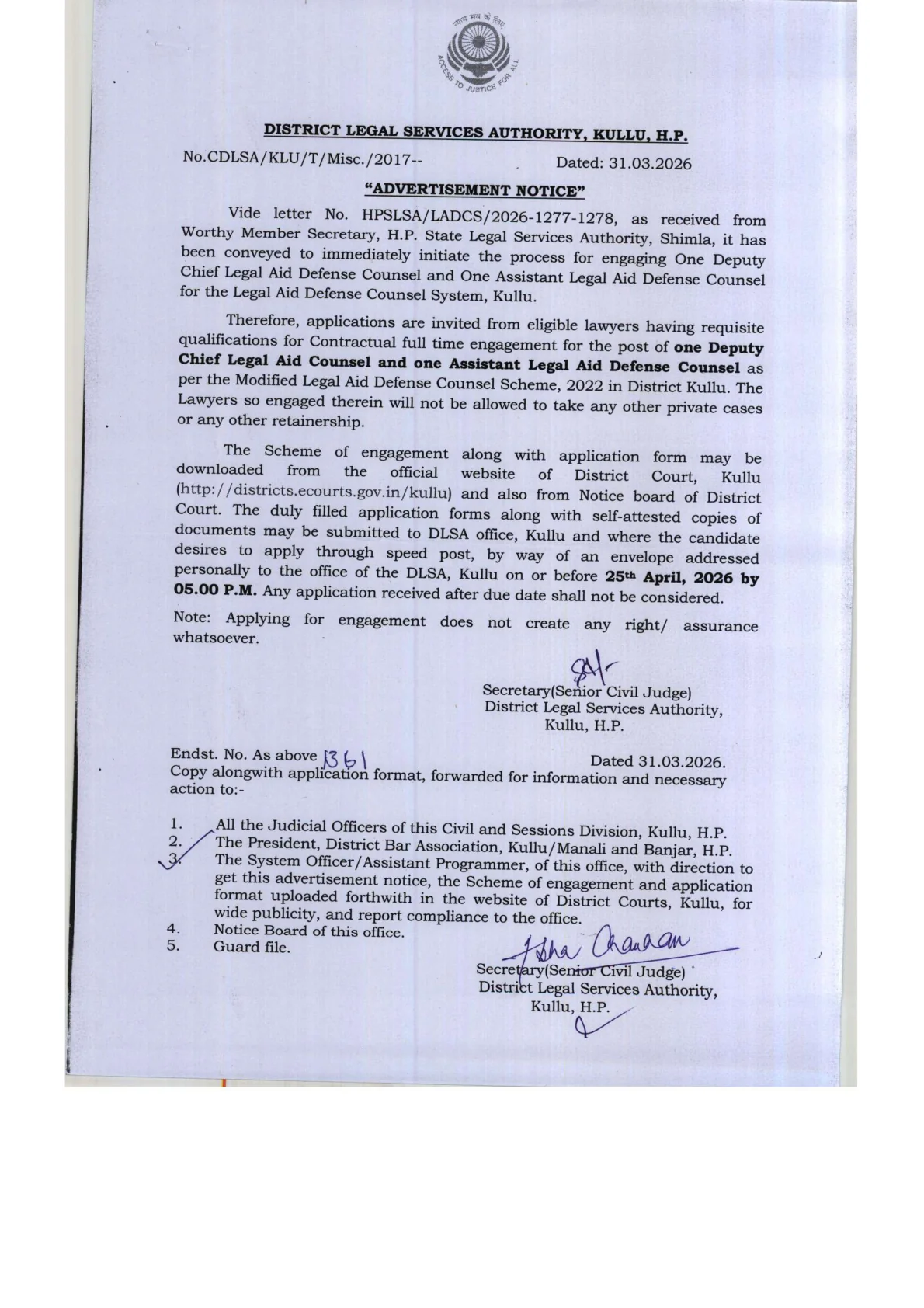 Official Recruitment Notification for DLSA Kullu Recruitment 2026 - Apply Offline for Deputy Chief Legal Aid Defense Counsel, Assistant Legal Aid Defense Counsel Posts