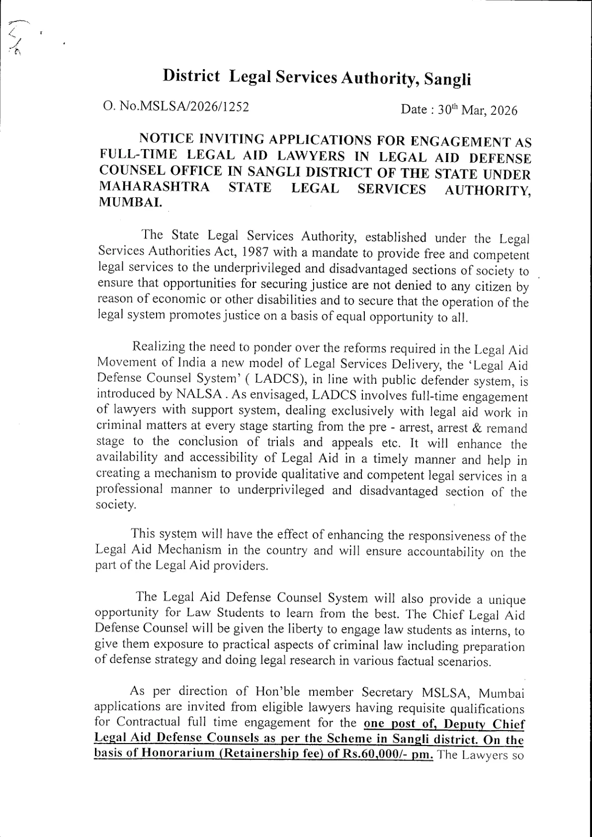 Official Recruitment Notification for DLSA Sangli Deputy Chief Legal Aid Defense Counsel Recruitment 2026 - Apply Offline