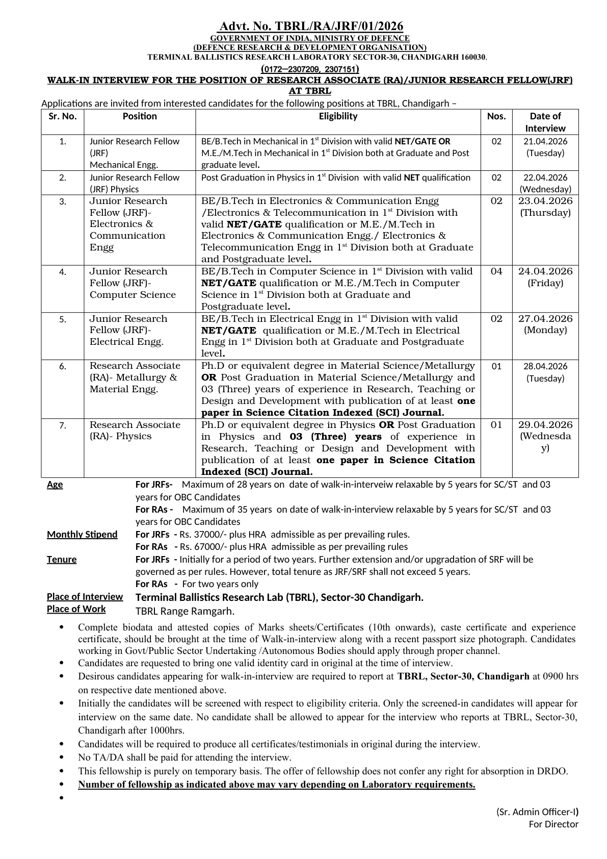 Official Recruitment Notification for DRDO TBRL Recruitment 2026 - Walkin for 14 Junior Research Fellow, Research Associate Posts
