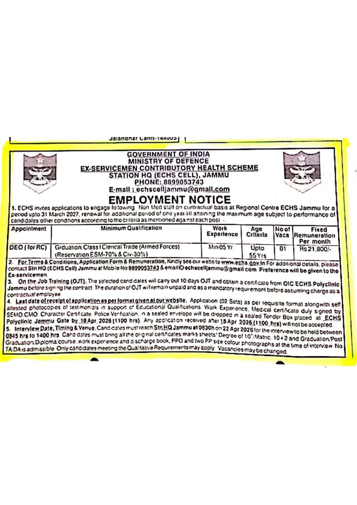 Official Recruitment Notification for ECHS Jammu Data Entry Operator Recruitment 2026 - Apply Offline