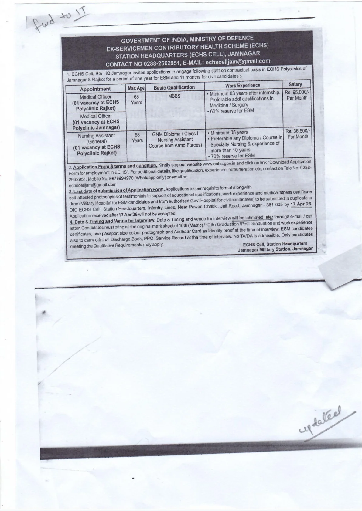 Official Recruitment Notification for ECHS Recruitment 2026 - Apply Offline for Medical Officer, Nursing Assistant Posts